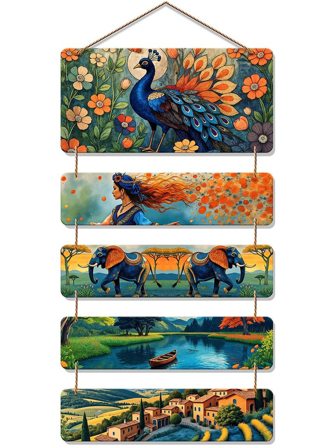 ArtVibes Peacock & Village Artwork Wooden Wall Hanging Decoration Items for Home