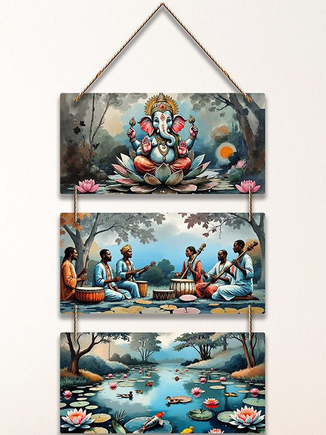 ArtVibes Blue & Pink Printed Ganesha On Lotus Designer Wall Hanging