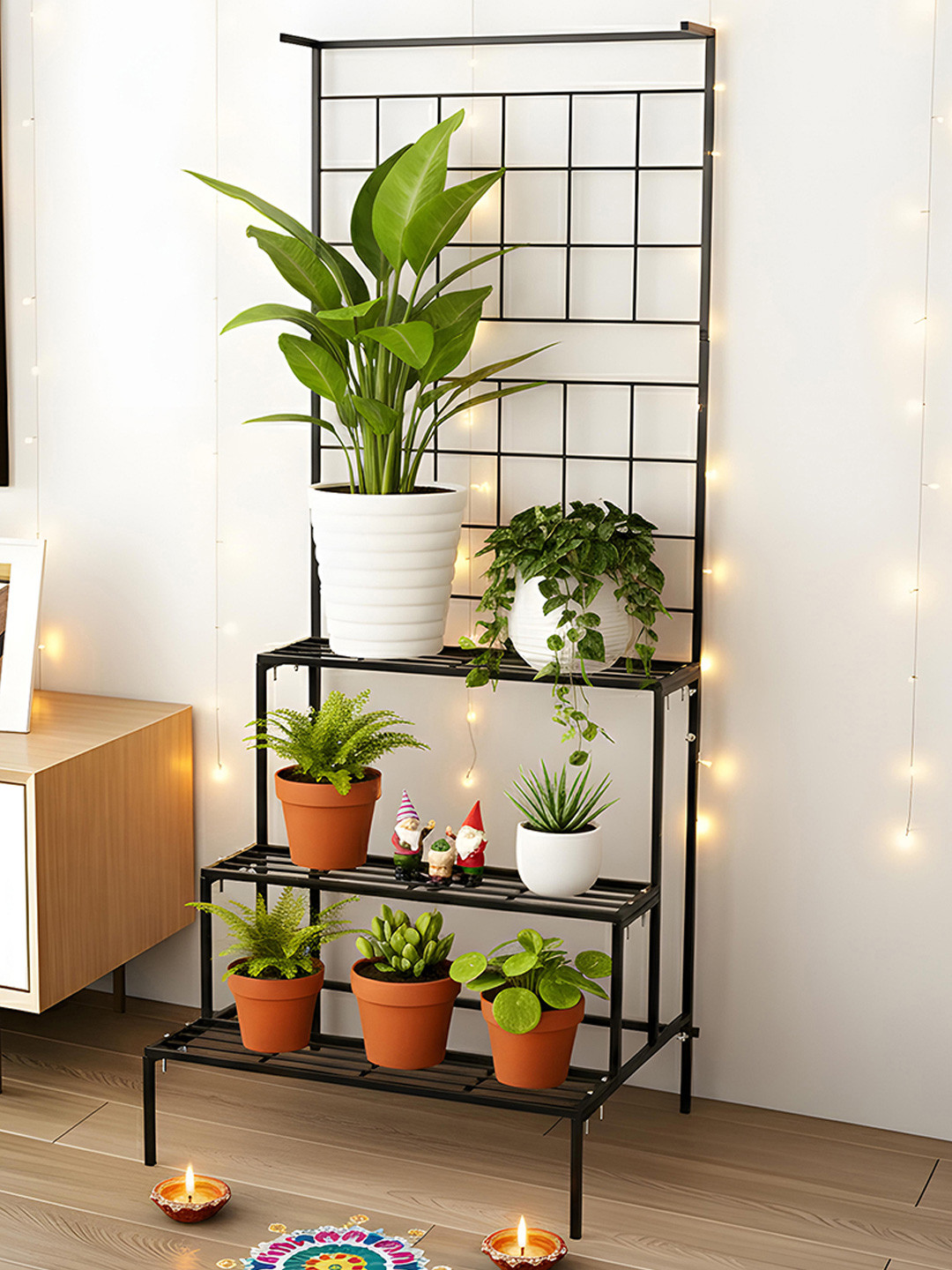 Kuber Industries Black 3 Tier Metal Dual Purpose Vertical Garden Planter Stand for Balcony