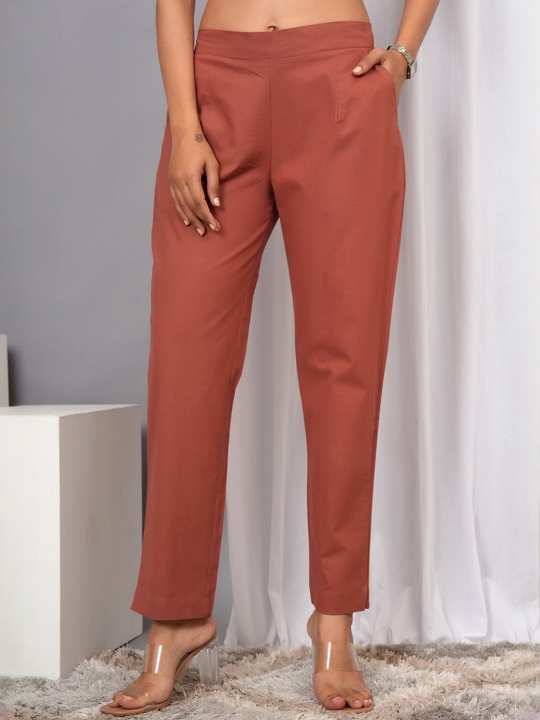 IQRAAR Women Tailored Regular Fit High-Rise Pure Cotton Trouser