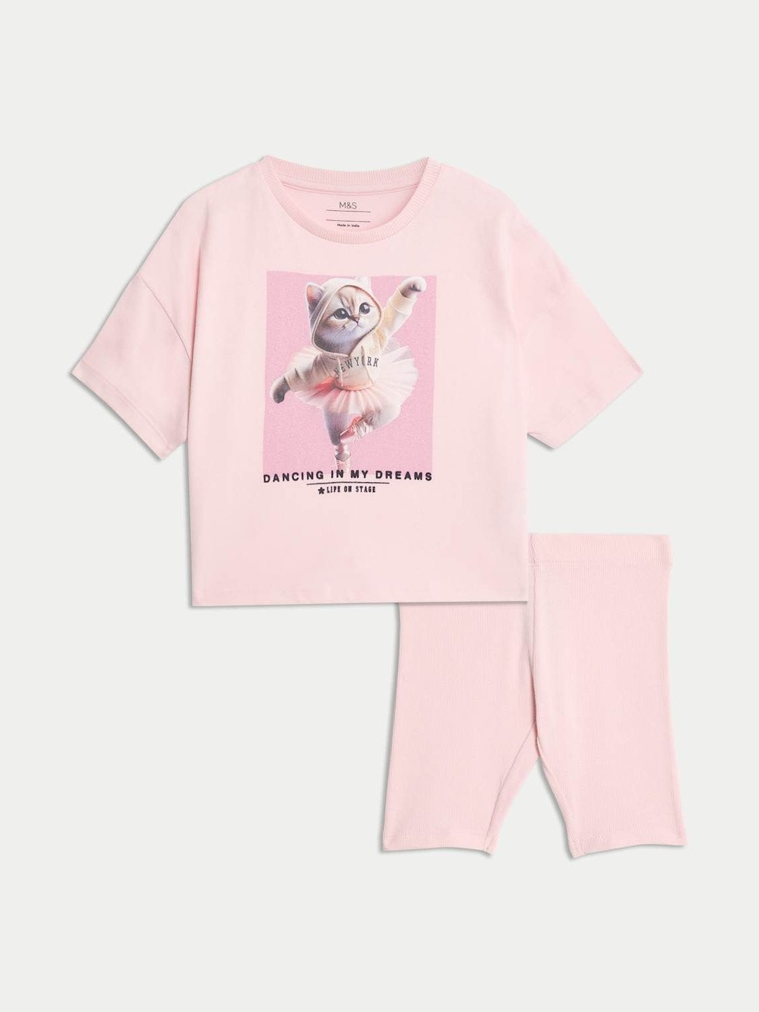Marks & Spencer Girls Rich Ballet Cat Graphic Printed T-shirt & Pyjamas Night suit