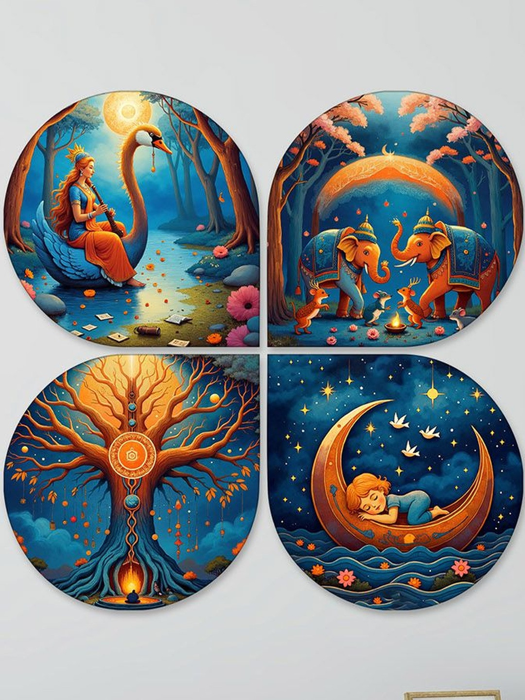 ArtVibes Blue & Orange-Color 4 Pieces Spiritual Wooden Wall Decor