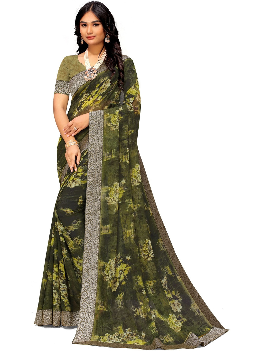 GHAN SALS KHYATI Floral Printed Baluchari Saree with Blouse Piece
