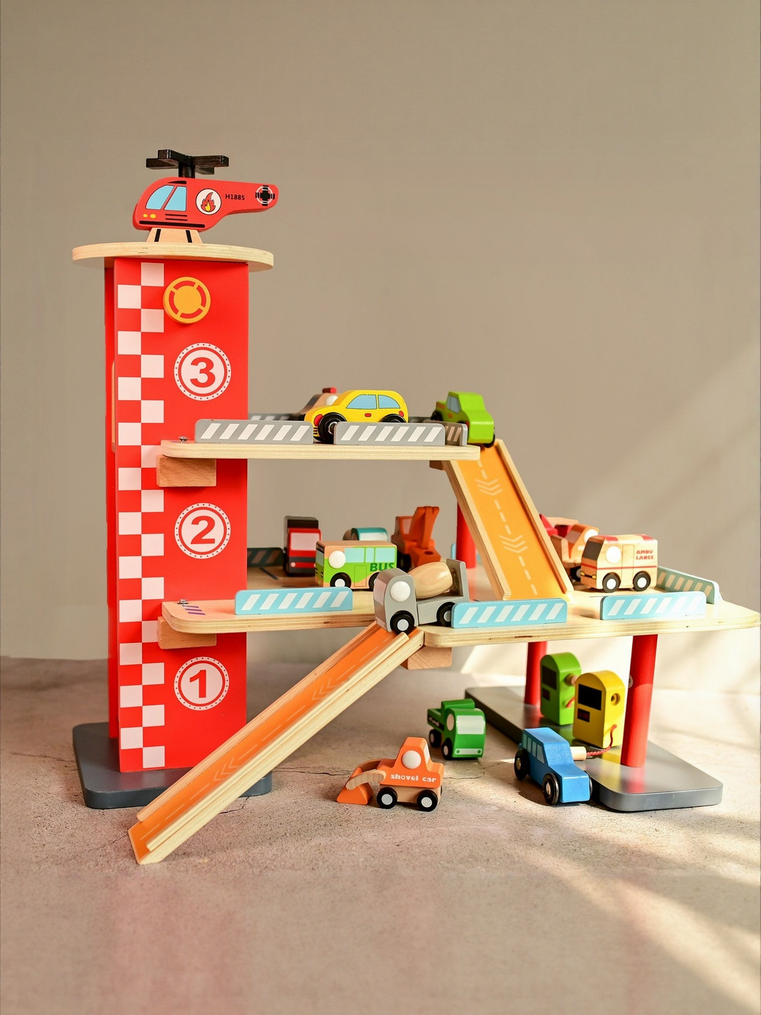 Playbox BPA Wooden Multilevel Drive In Car Parking Garage Pretend Play Toy Set