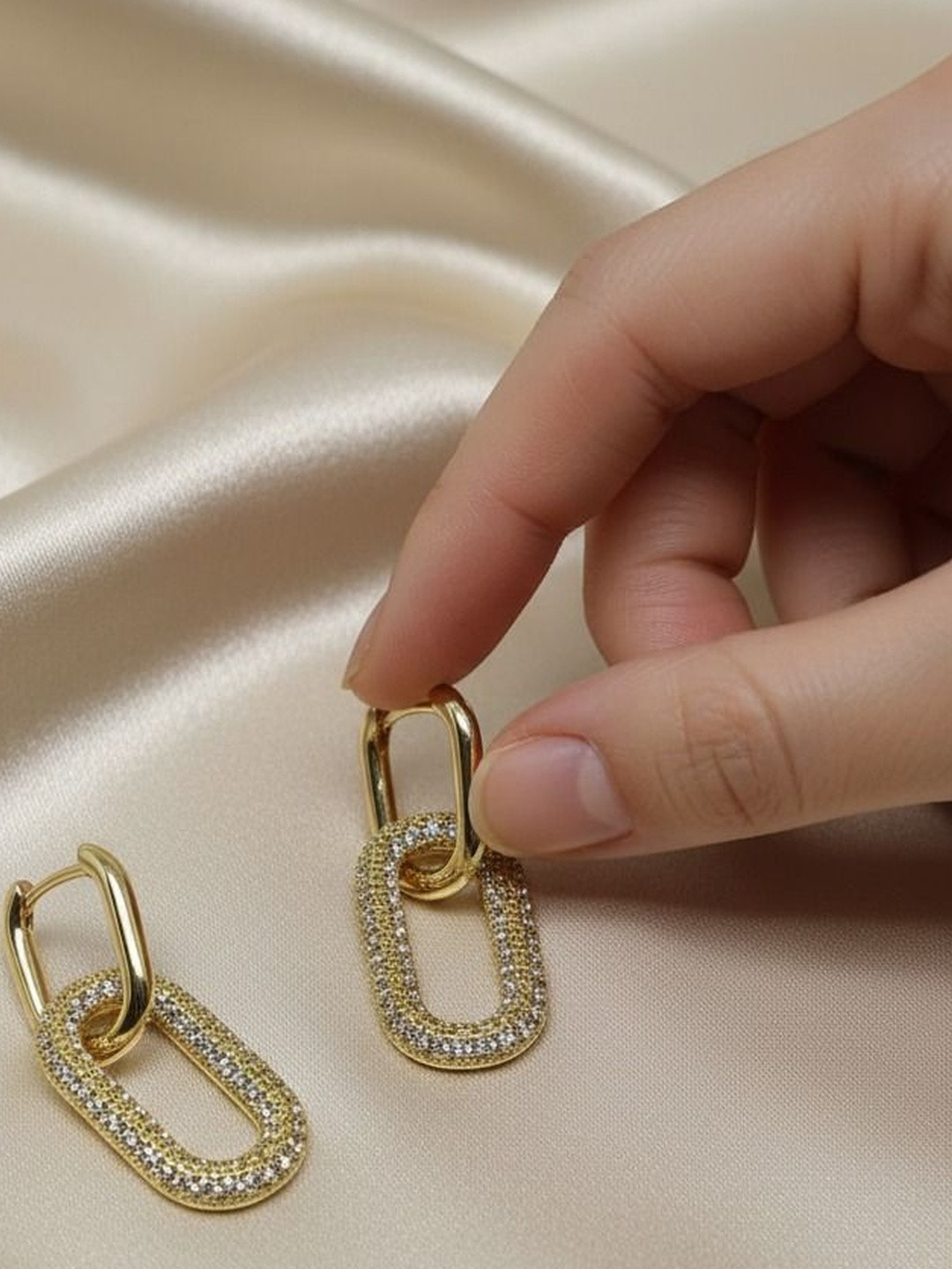 Chic Laddies Stainless Steel Gold-Plated Artificial Stones Studded Geometric Drop Earrings