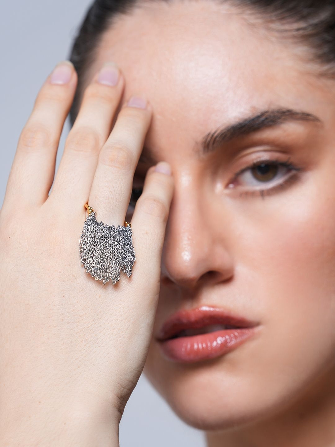 CAO Jewellery Women Gold and Silver Color Block Textured Finger Ring