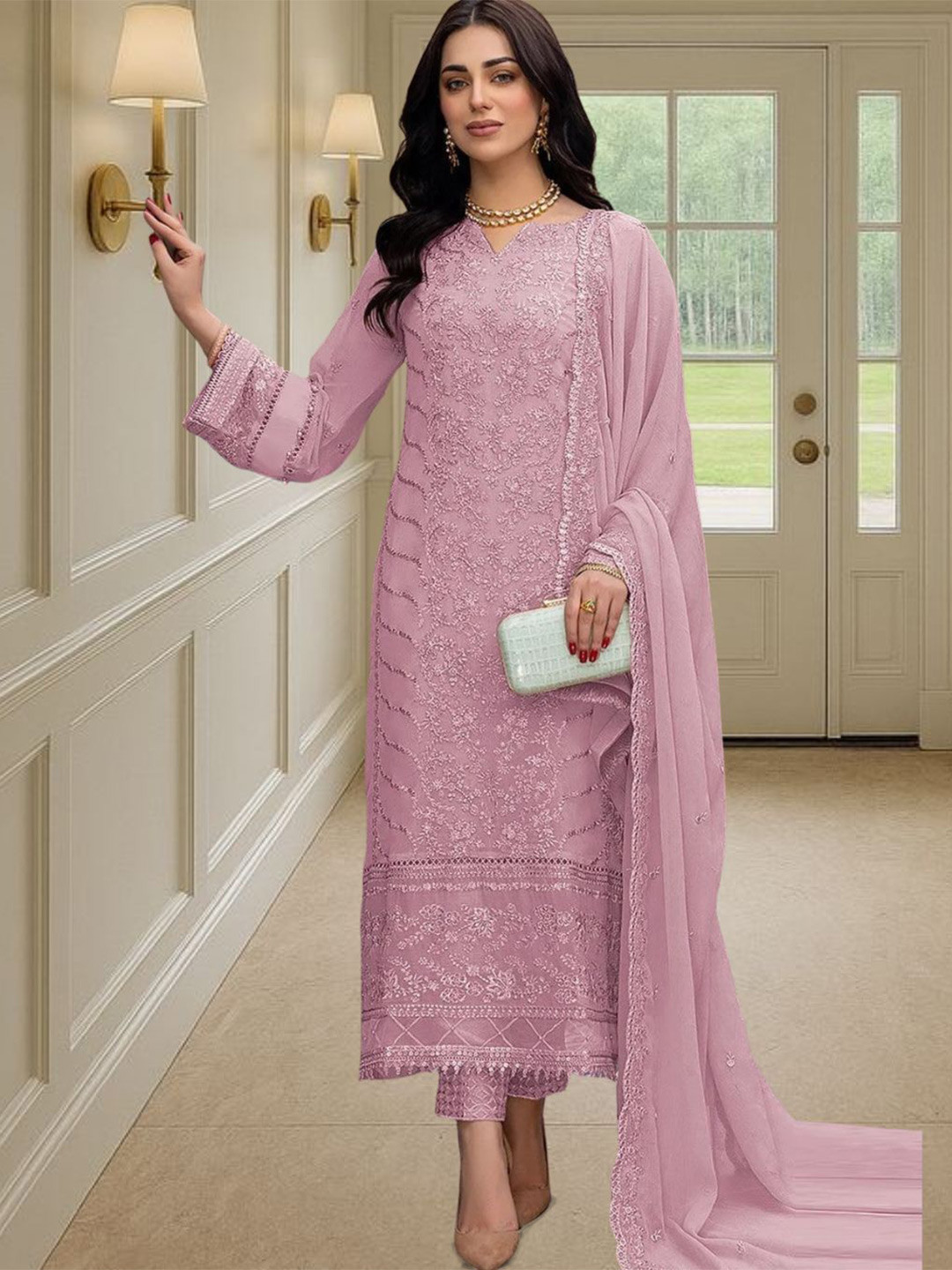 DEALBAZAARS CORPORATION WITH DB LOGO Embroidered Georgette Semi-Stitched Dress Material