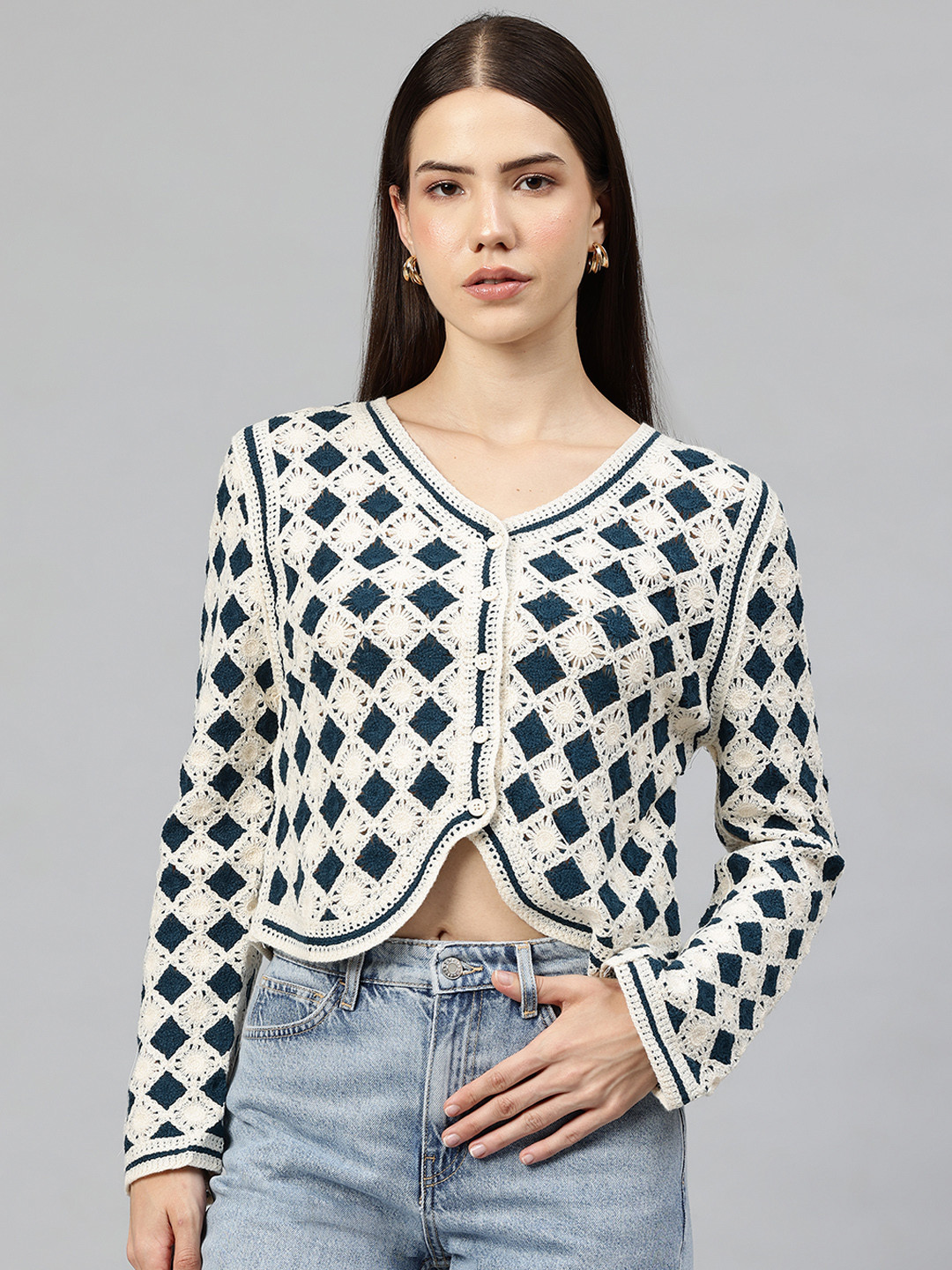 Pierre Carlo Geometric Crochet Crop Cardigan