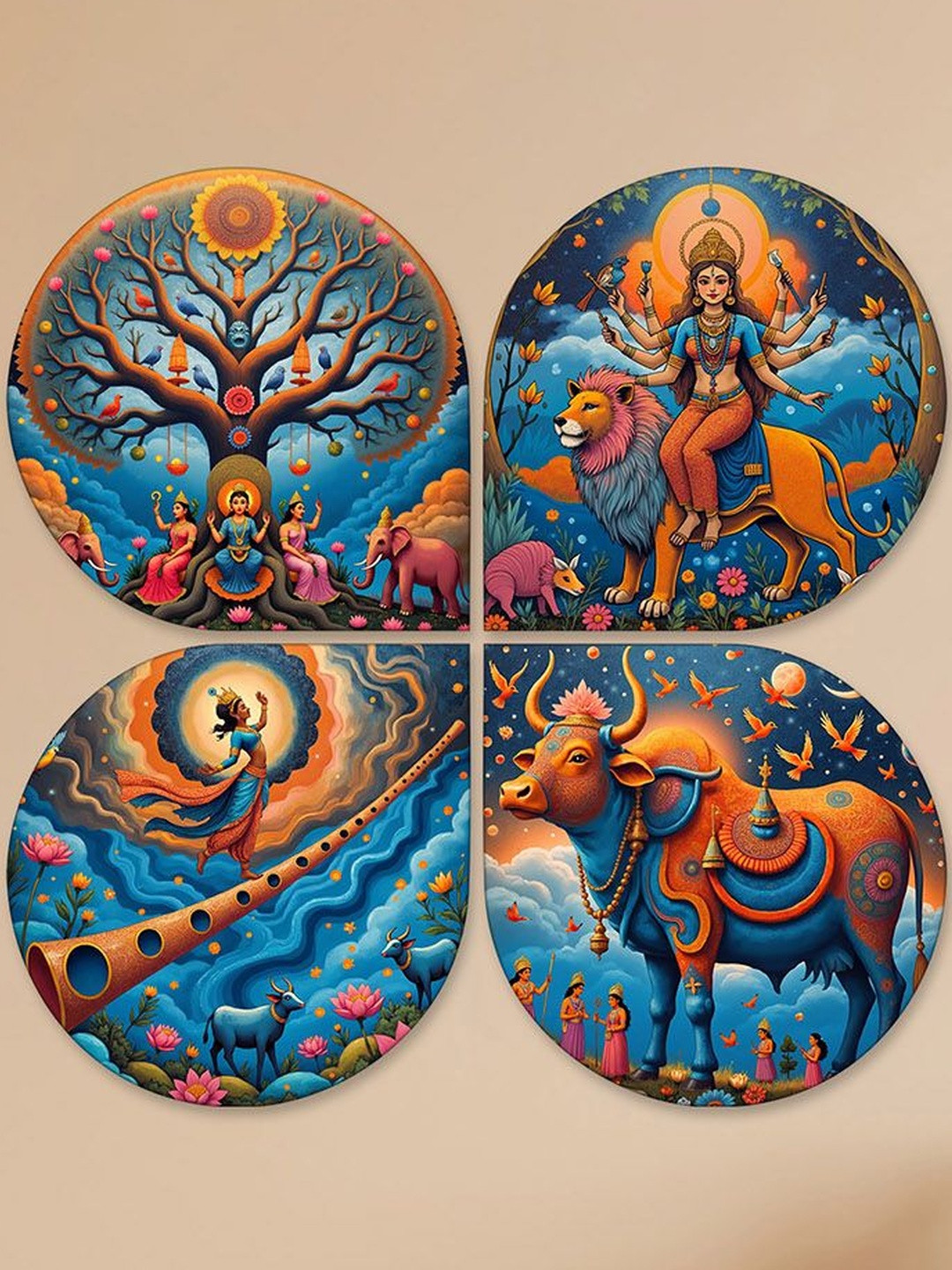 ArtVibes Brown & Blue 4 Pieces Printed Spiritual Decorative Wooden Wall Art