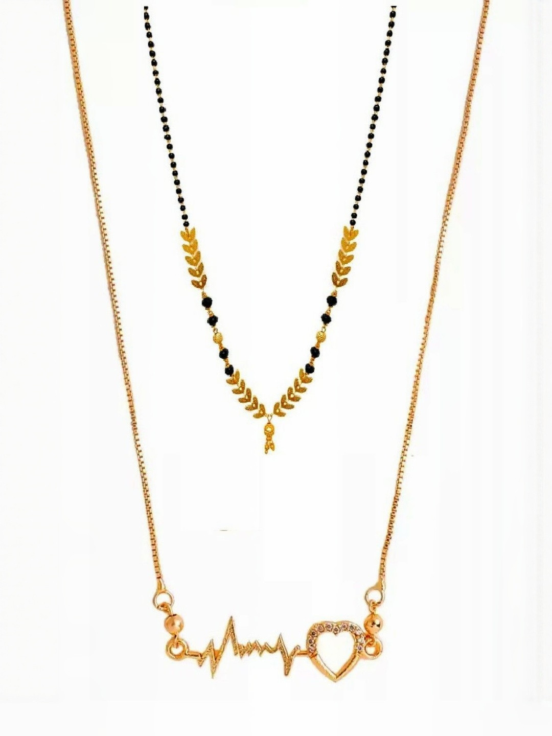 Laksh Enterprise Set Of 2 Crystal Stones Studded & Beaded Heartbeat Mangalsutras