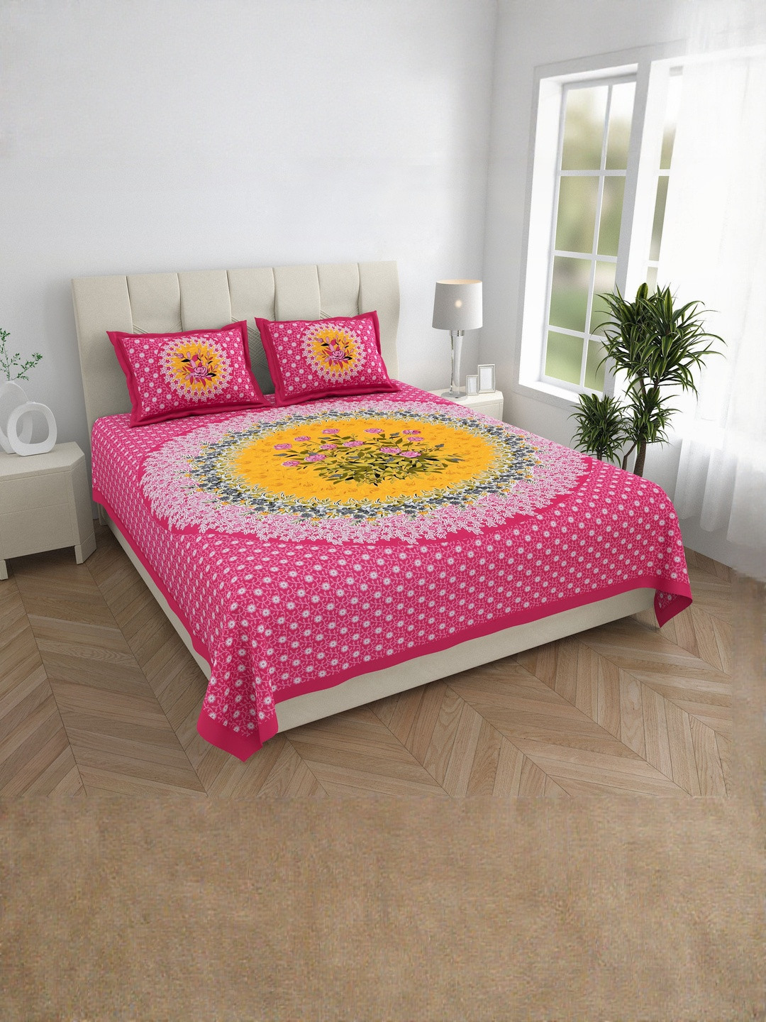 ABHACLOTHO Pink Floral Printed Cotton 144 TC Double Bedsheet & 2 Pillow Covers 2.1 x 2.35m