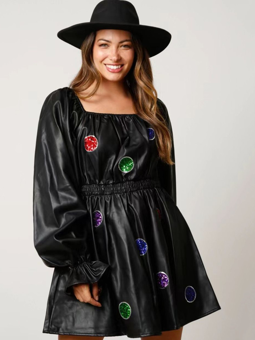 StyleCast Black Embellished A-Line Mini Dress with Long Sleeves