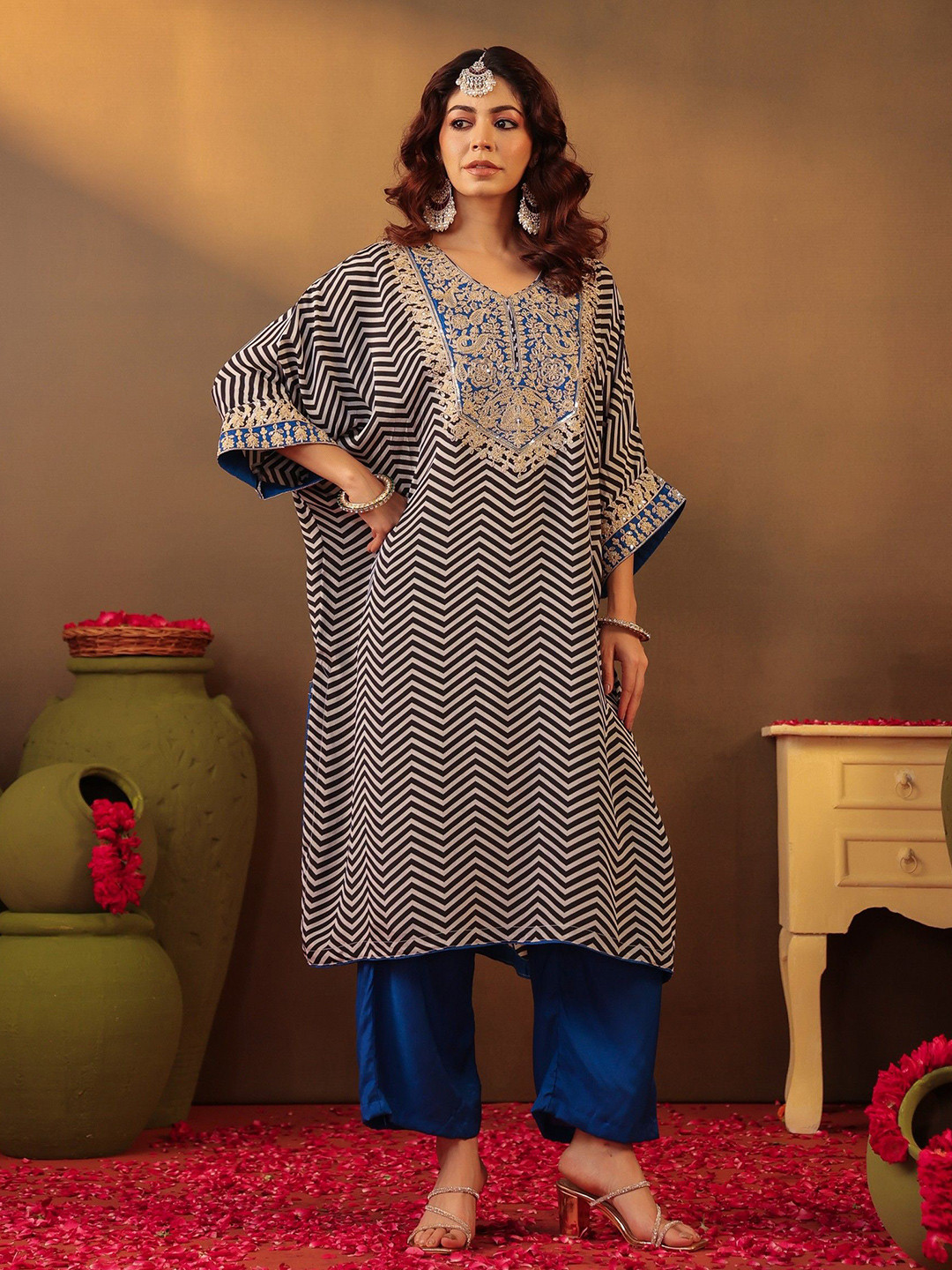 SCAKHI Chevron Printed Three-Quarter Sleeves Dupion Silk Tunic With Trousers Co-Ords