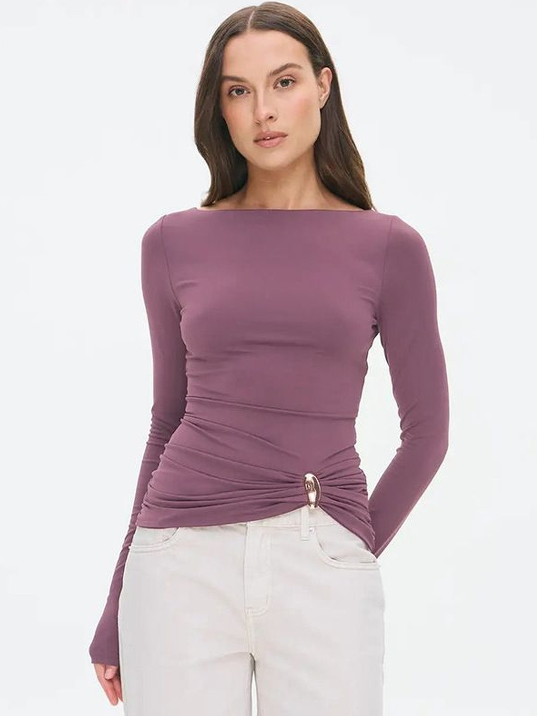 HERE&NOW Women Long-Sleeve with a Ruched Detail Fitted Top