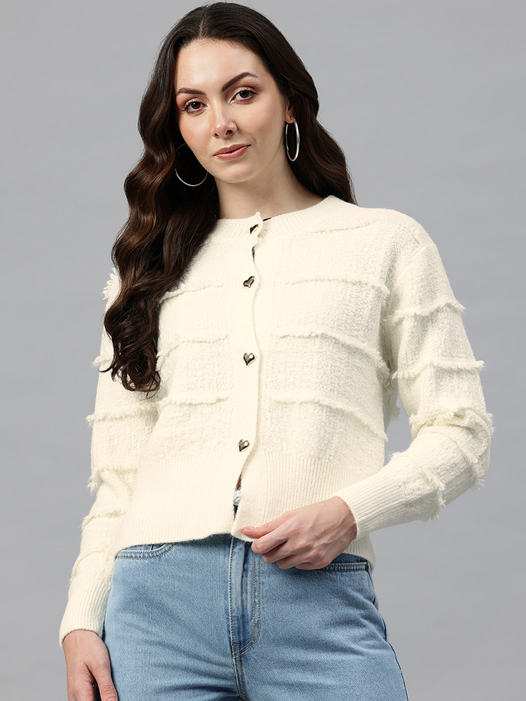 Pierre Carlo Horizontally Self-Striped Button-Down Cardigan with Frayed Detail