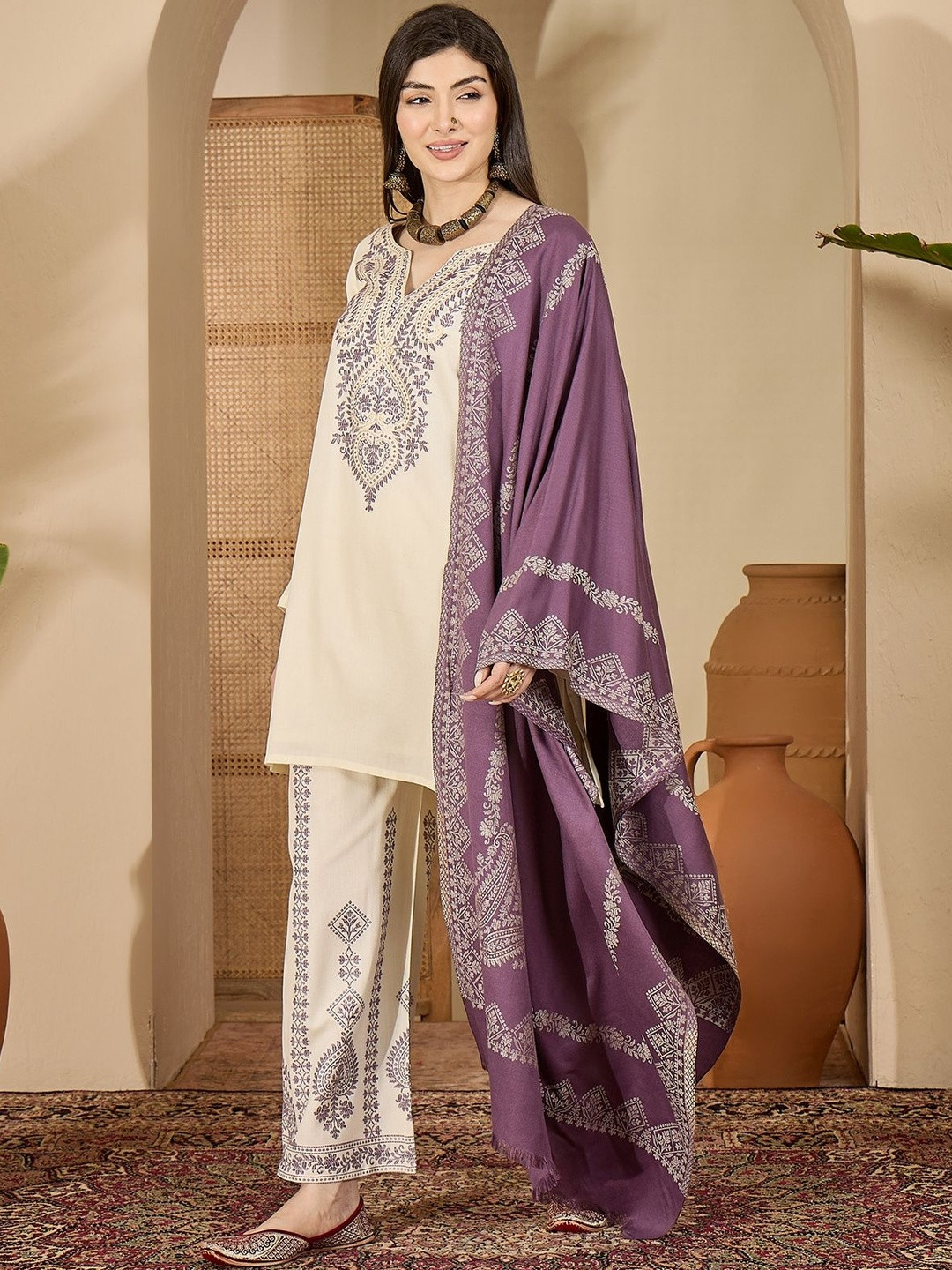 Sangria Paisley Pashmina Yoke Design Jacquard Wool Kurti With Palazzos & Dupatta