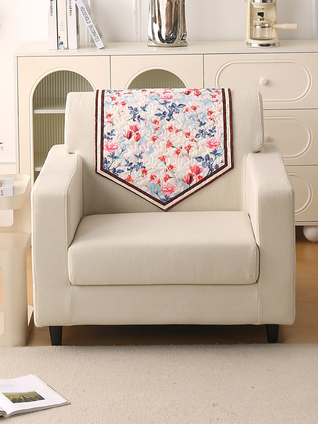 HOKIPO Florentina Series Rose & White Floral Printed Velvet Backrest Cover
