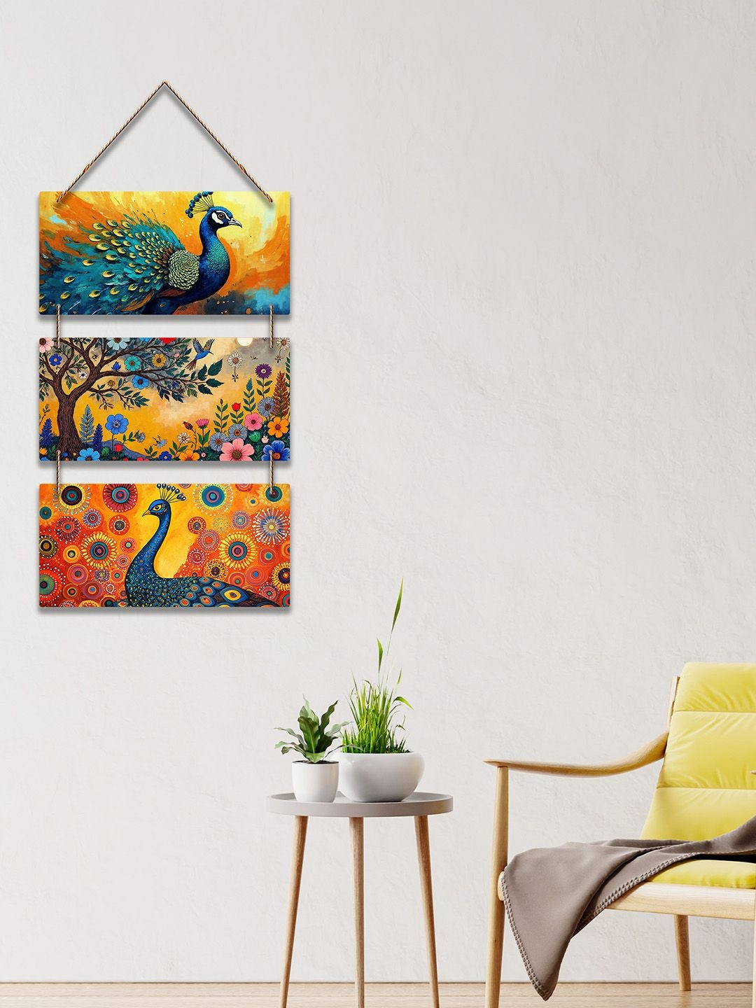 ArtVibes Blue & Yellow Printed Colorful Peacock Printed Wooden Wall Hangings