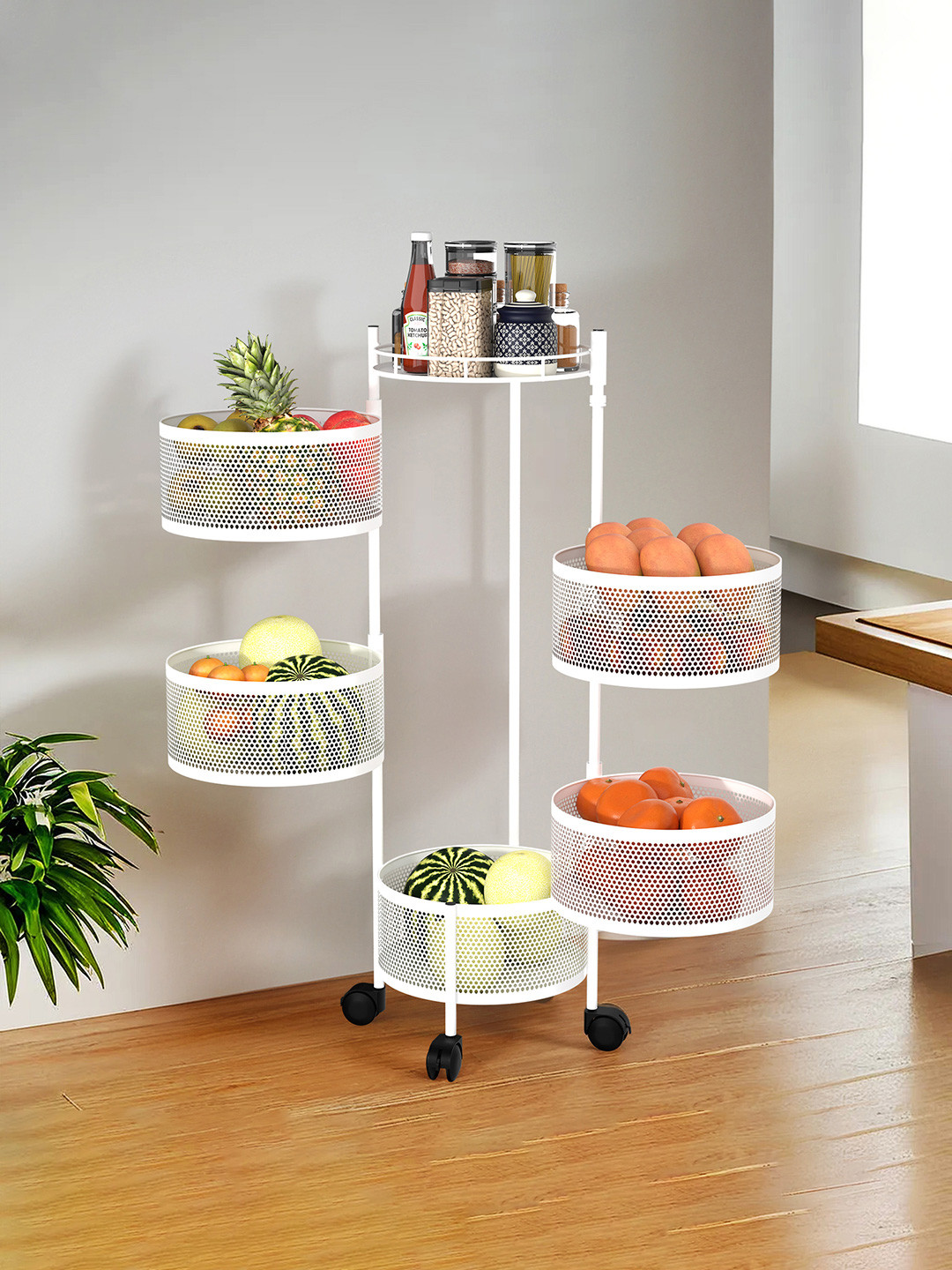 RUBOXA White Textured Metal 5+1 Layer Multi-Purpose Kitchen Organizer With Wheels Round Shape