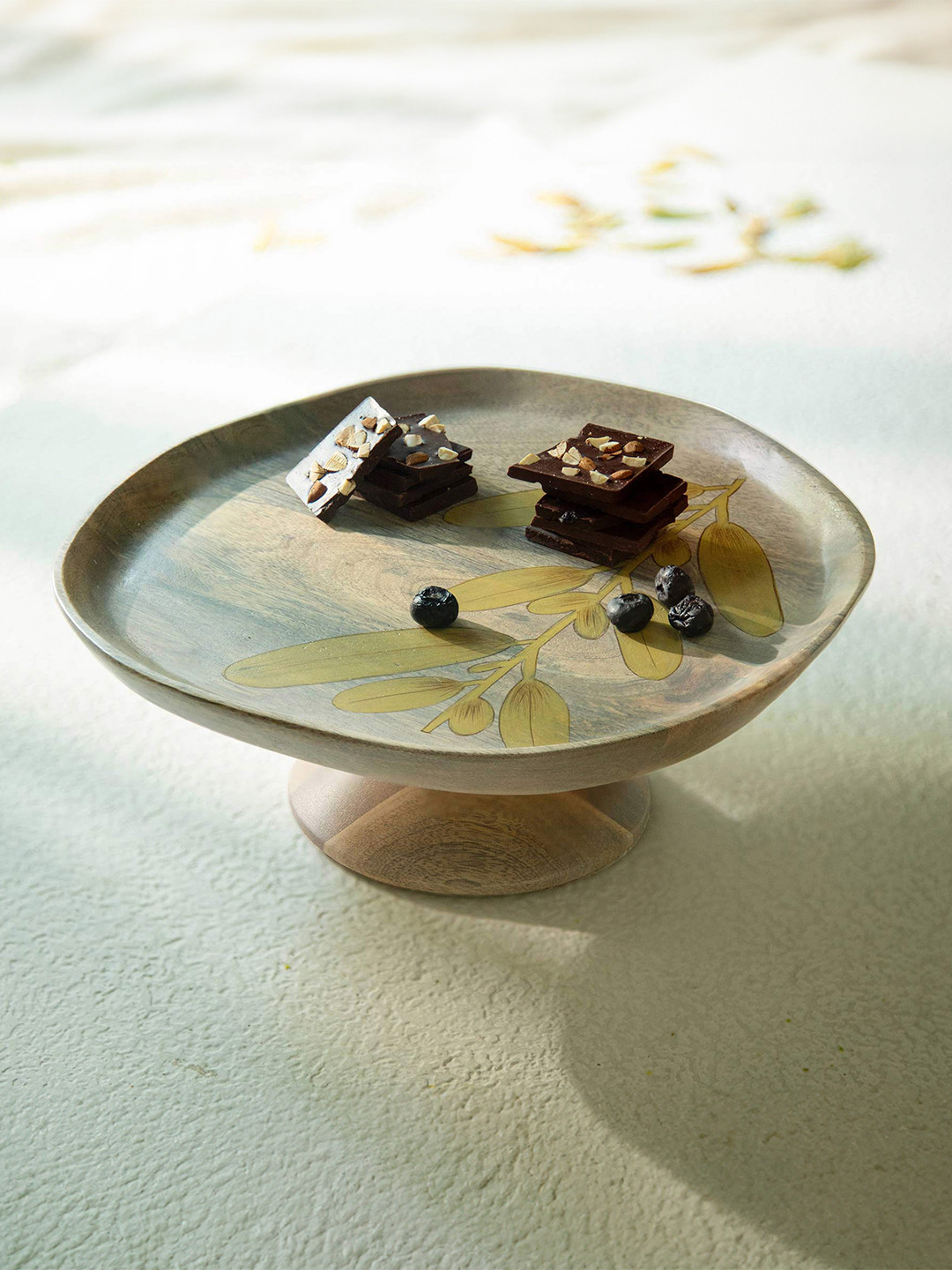 ellementry Wisteria Beige & Yellow Printed Wooden Cake Stand