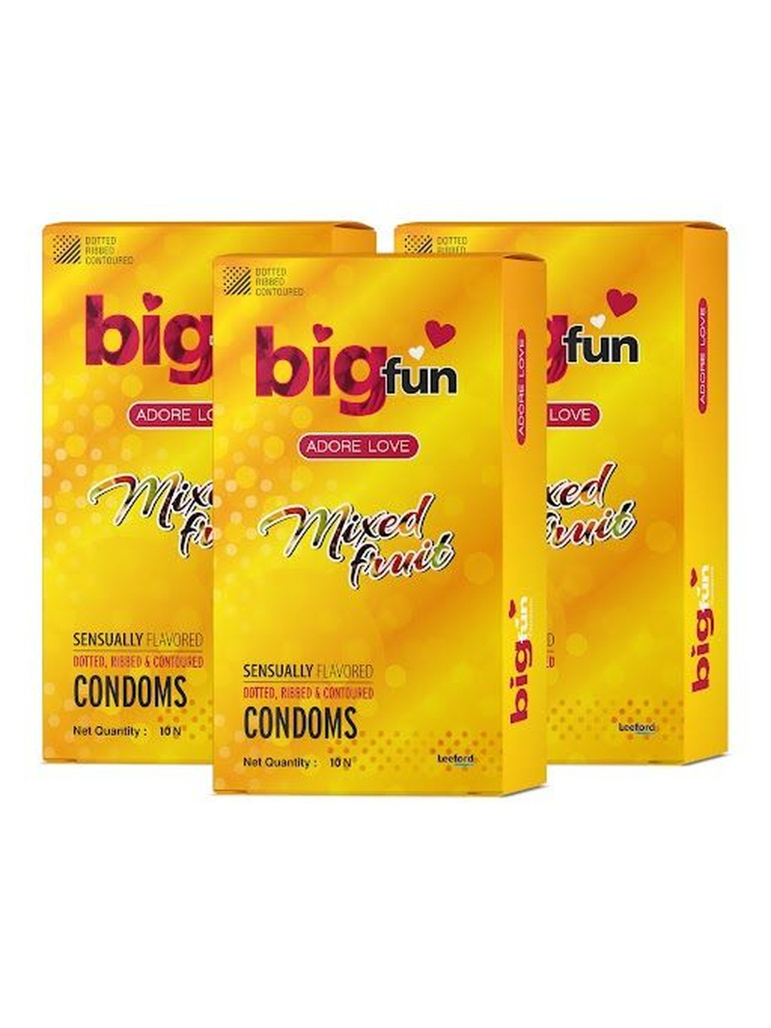 BIGFUN Set Of 3 Dotted, Ribbed & Contoured Condoms - Mixed Fruit - 10 Pcs Each
