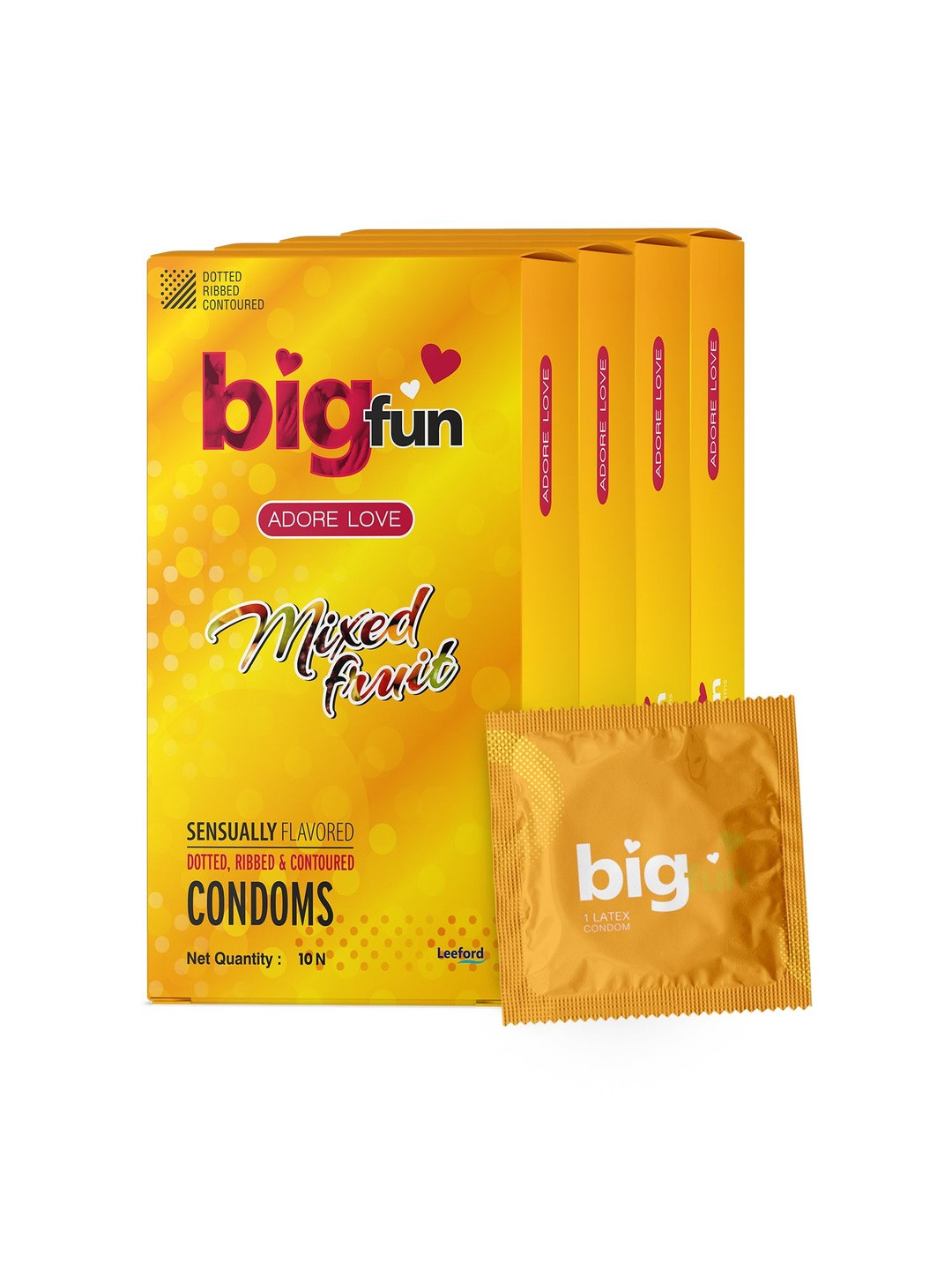 BIGFUN Set Of 4 Dotted, Ribbed & Contoured Condoms - Mixed Fruit - 10 Pcs Each