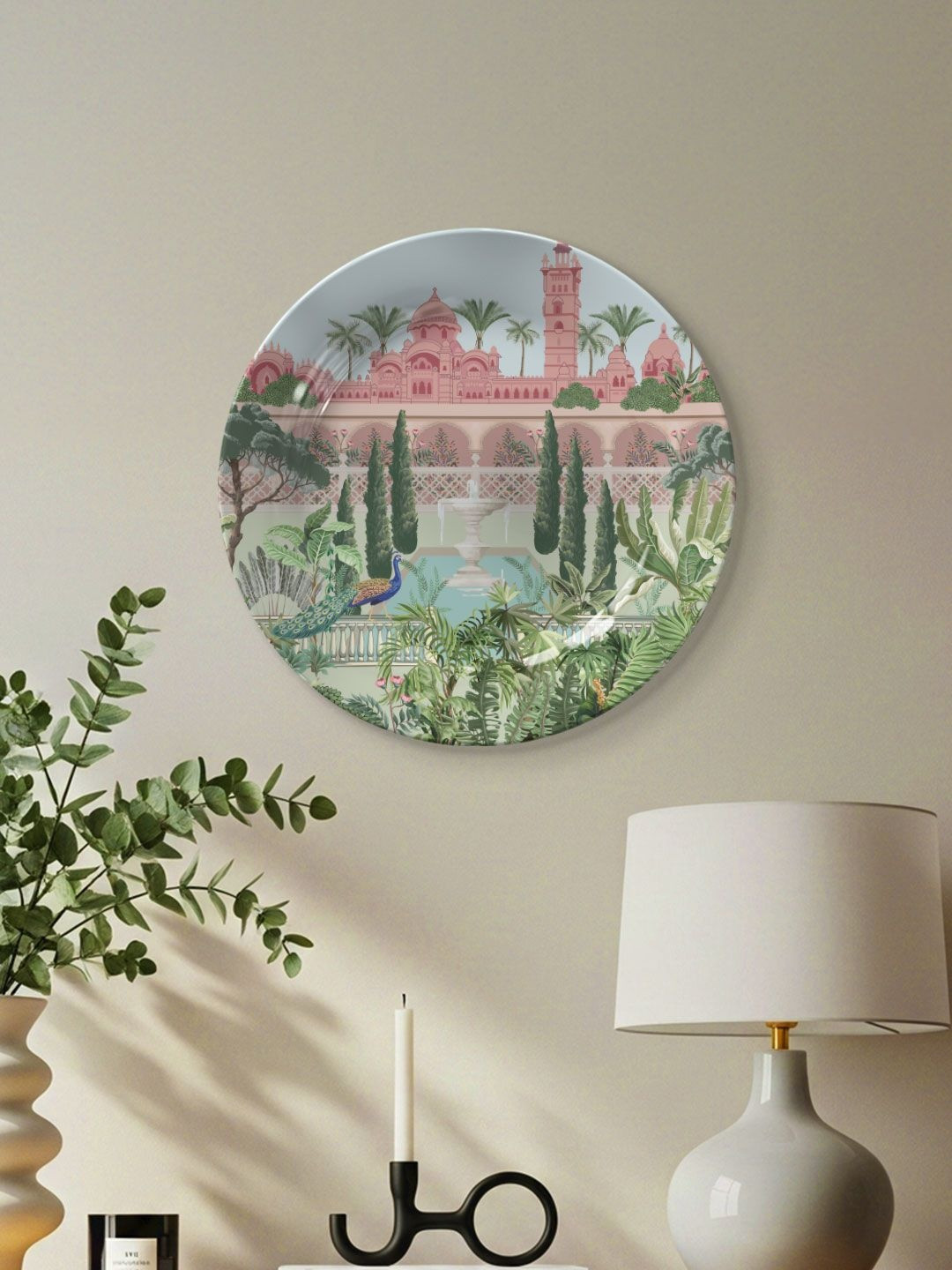 DESSINE ART Green Ceramic Peacock Charm Decorative Plate Wall Art  with Stand & Metal Hook