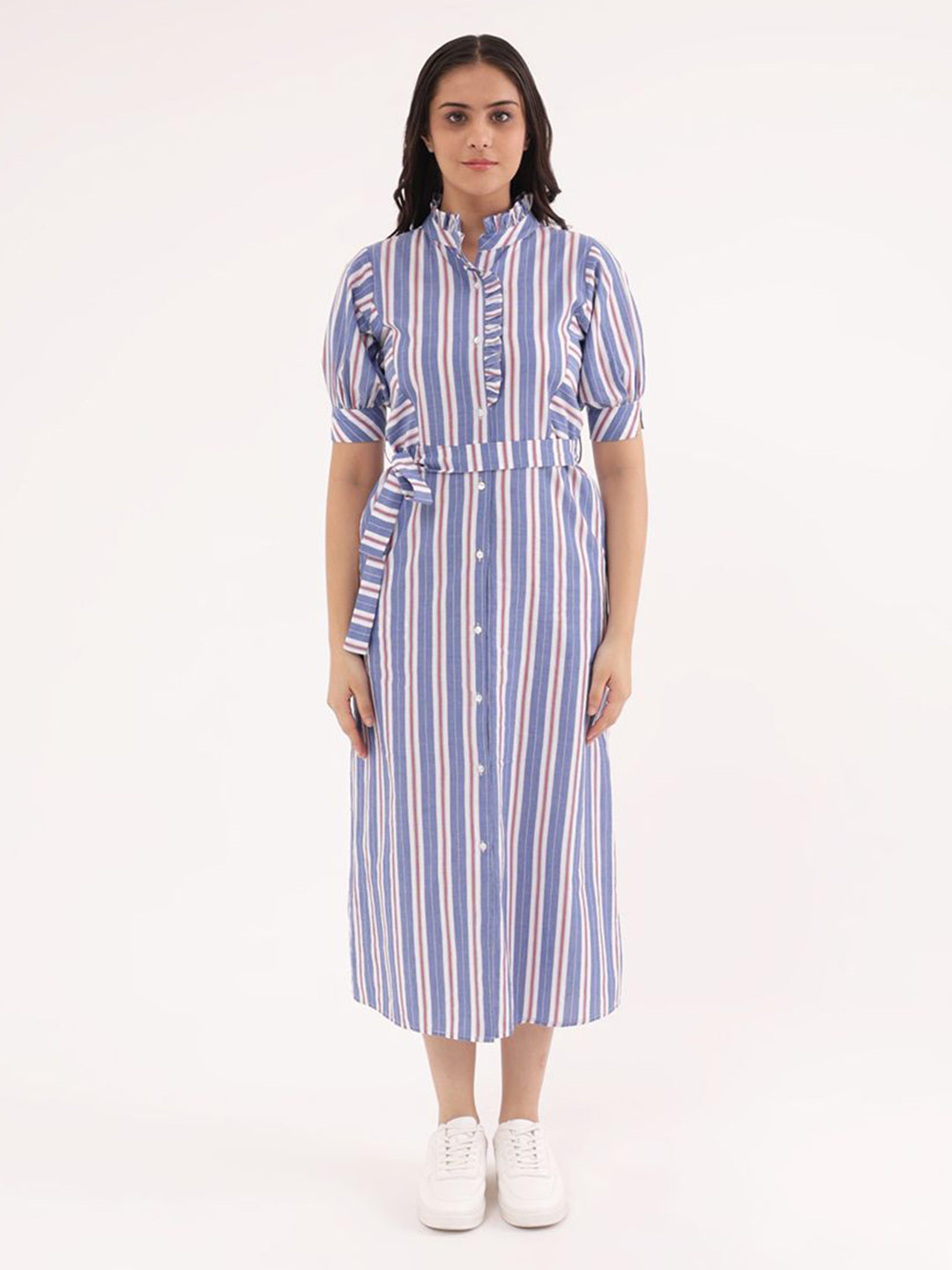 Slumber Jill Striped Puff Sleeve Ruffled Shirt Midi Dress