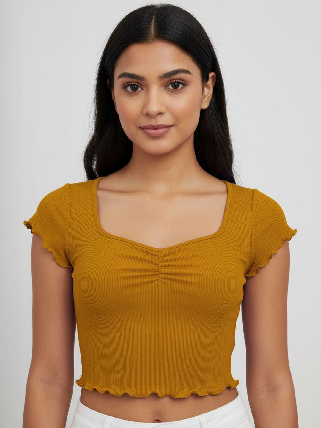 Nalax Designs Women Ribbed Sweetheart Neck Lettuce Trim Fitted Crop Top