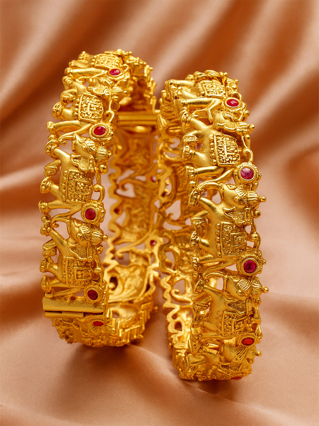 KARATCART Set Of 2 Gold-Plated & Pink Stones-Studded Rajwadi Temple Bangles