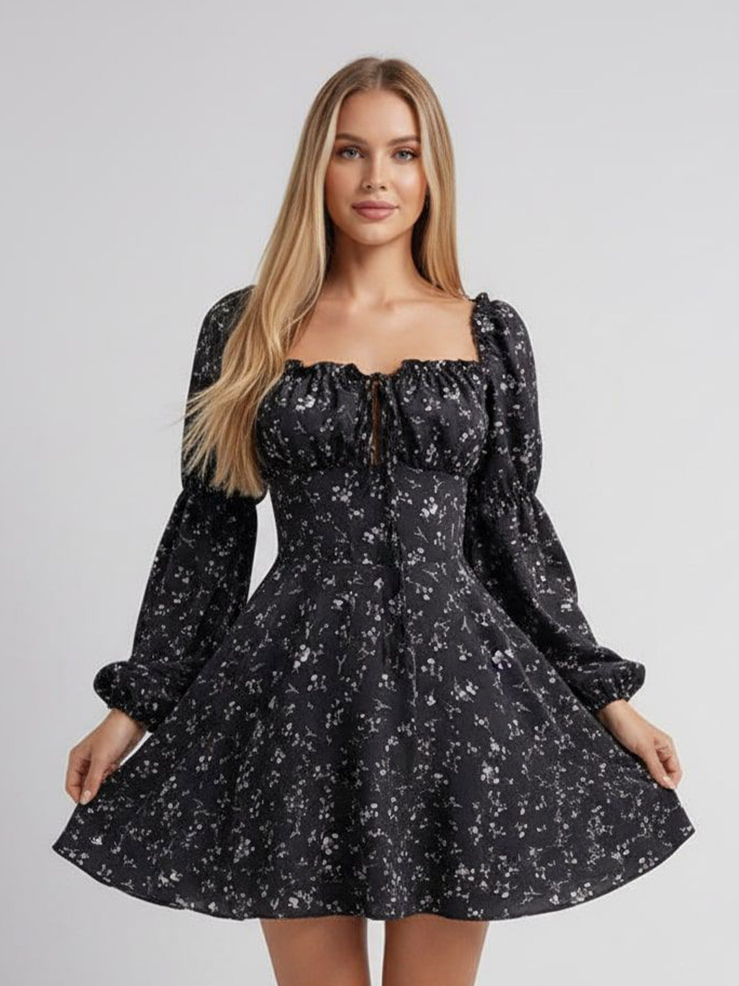 KUNDAN FAB Floral Print Puff Sleeve Fit & Flare Mini Dress