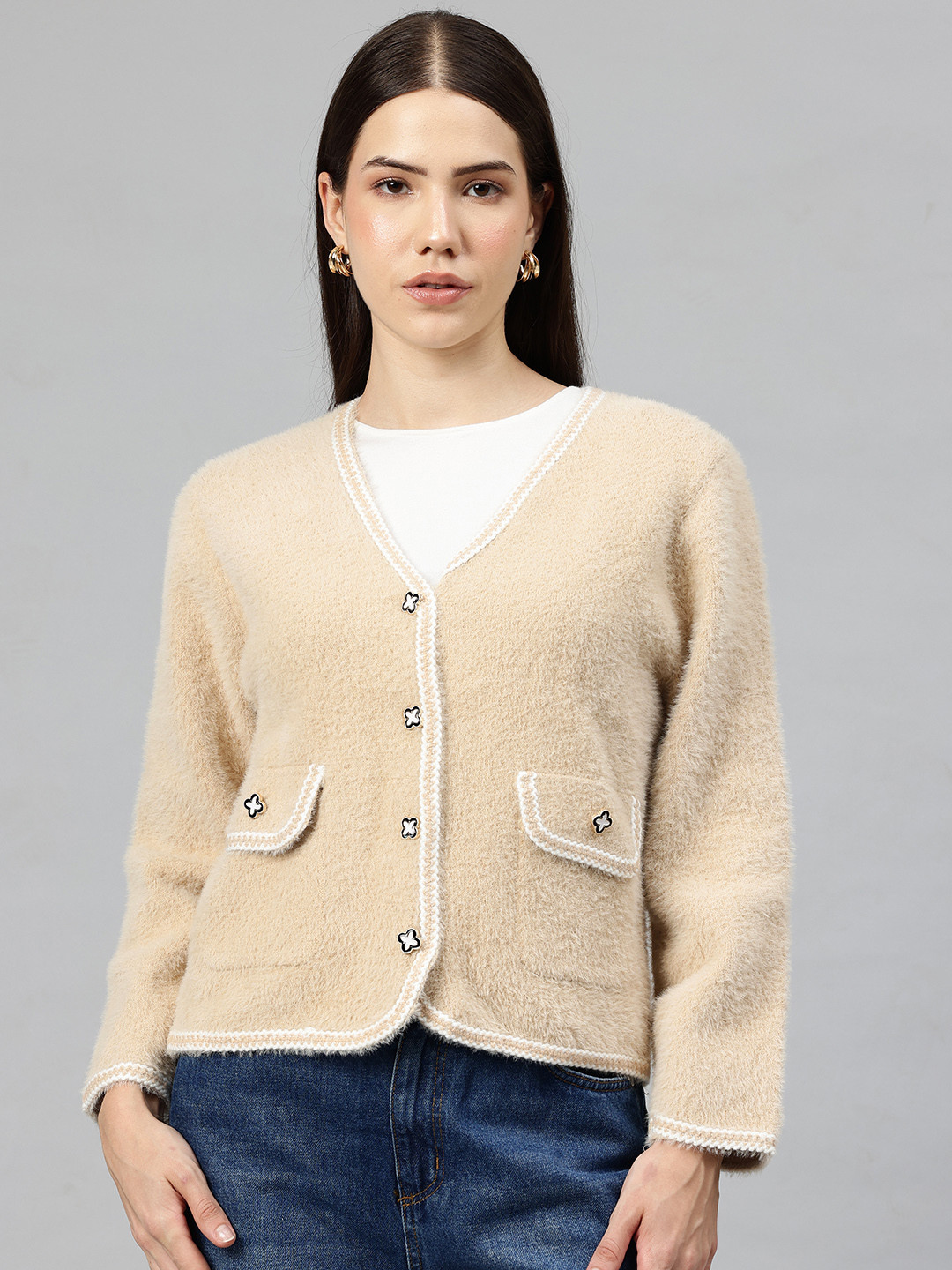 Pierre Carlo Jewel Button Fuzzy Cardigan