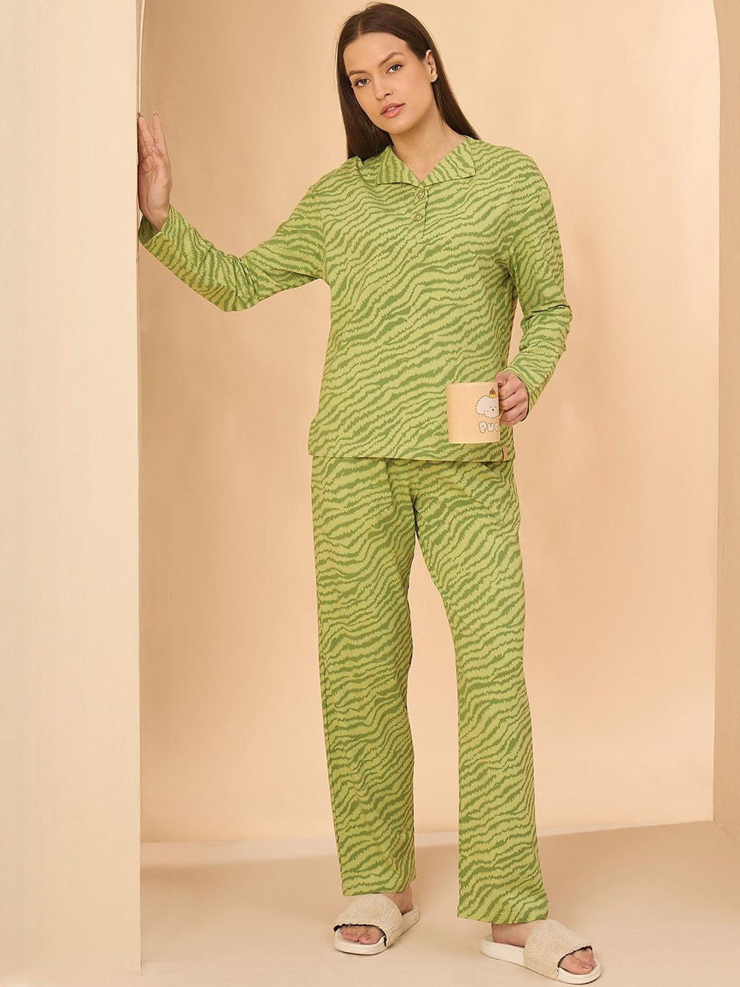 Sweet Dreams Animal Printed Shirt Collar Long Sleeves Pure Cotton Night suit