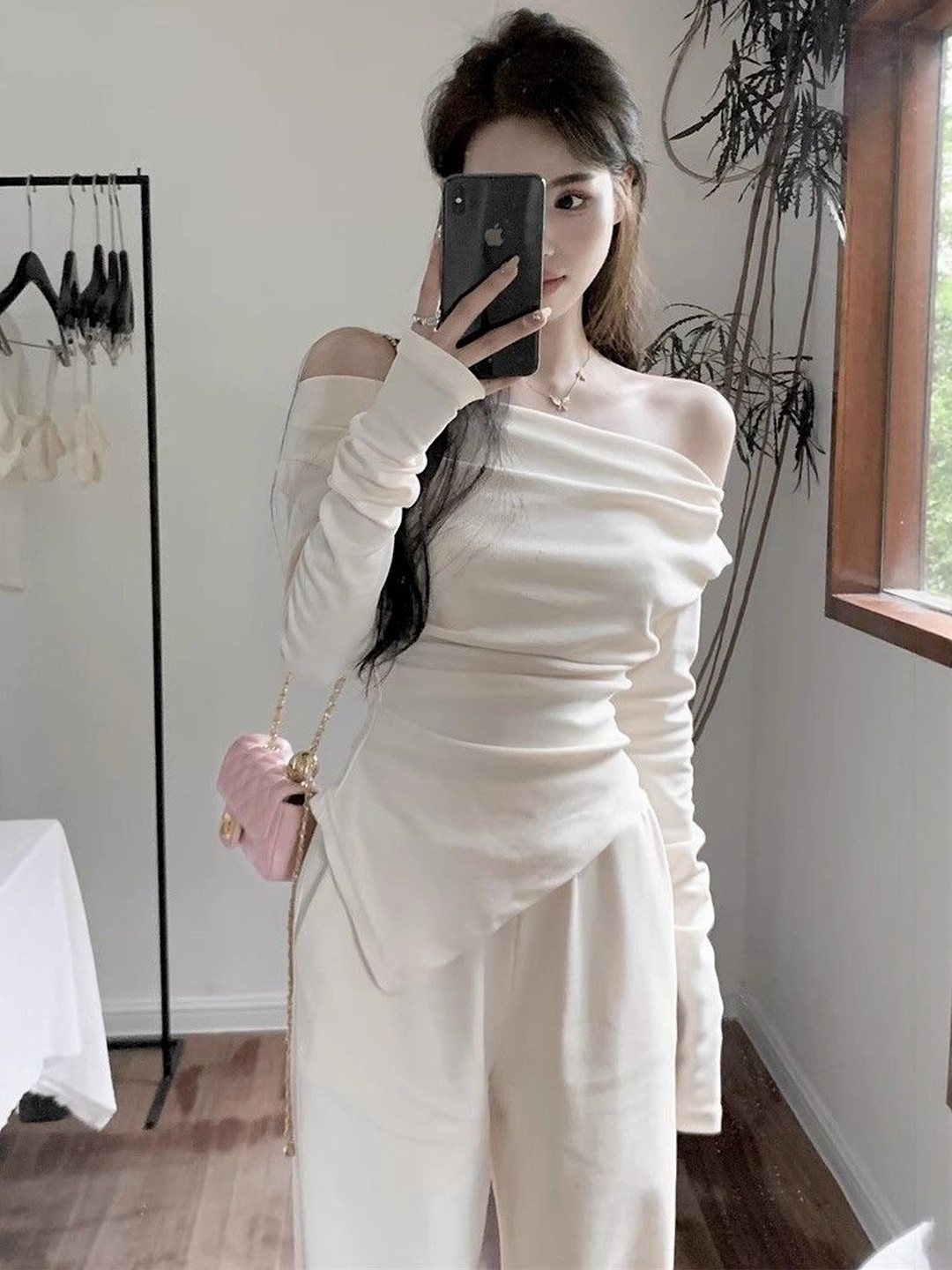 HERE&NOW Solid Off-Shoulder Regular Sleeves Asymmetric Hem Top