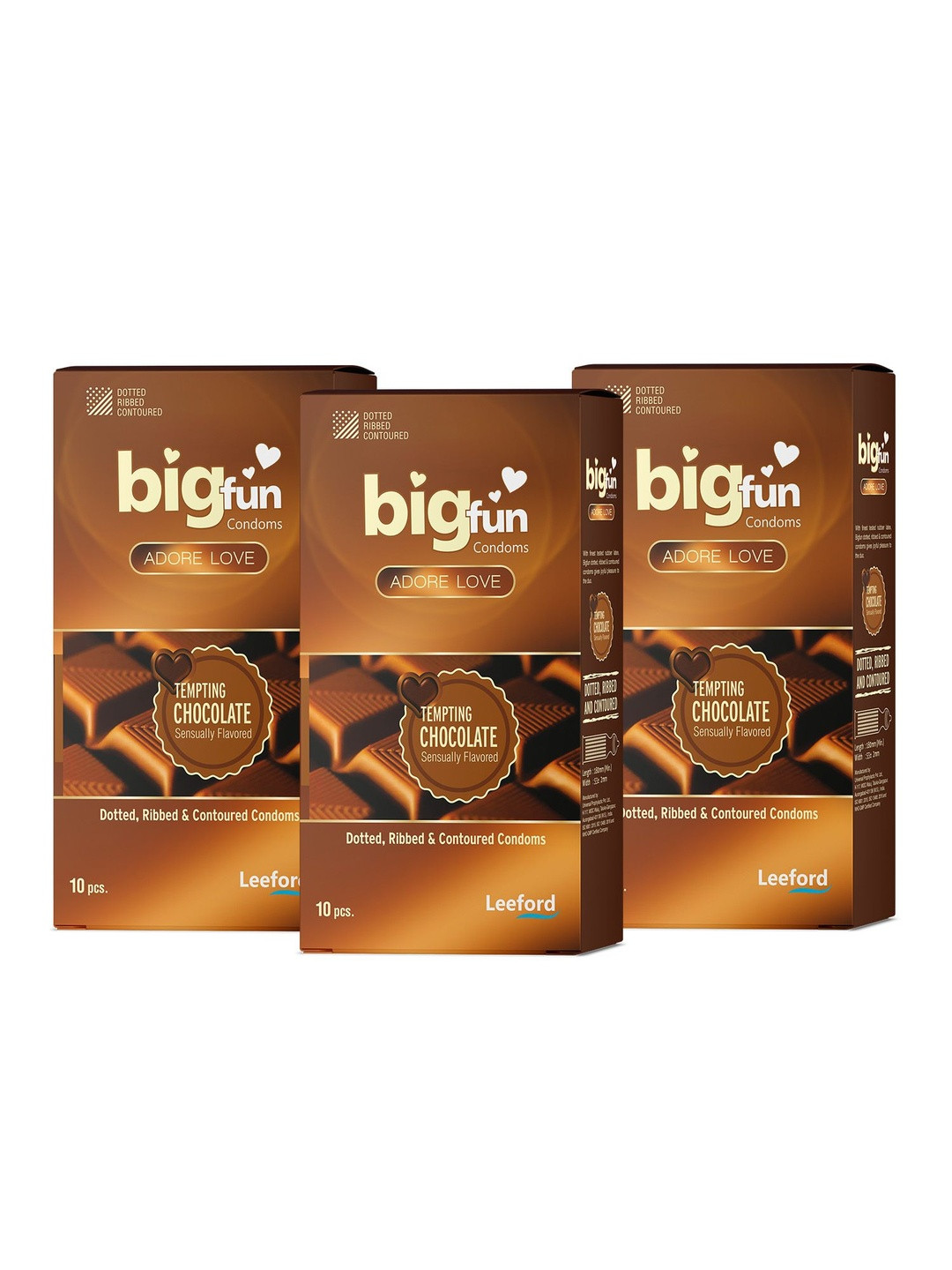 BIGFUN Set Of 3 Dotted Ribbed & Contoured Condoms -Tempting Chocolate - 10 Pcs Each