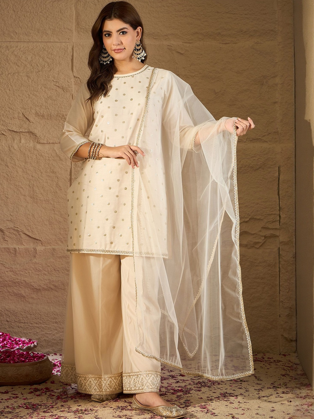 House of Pataudi Women Floral Embroidered Straight Sequinned Kurta With Palazzos & Dupatta