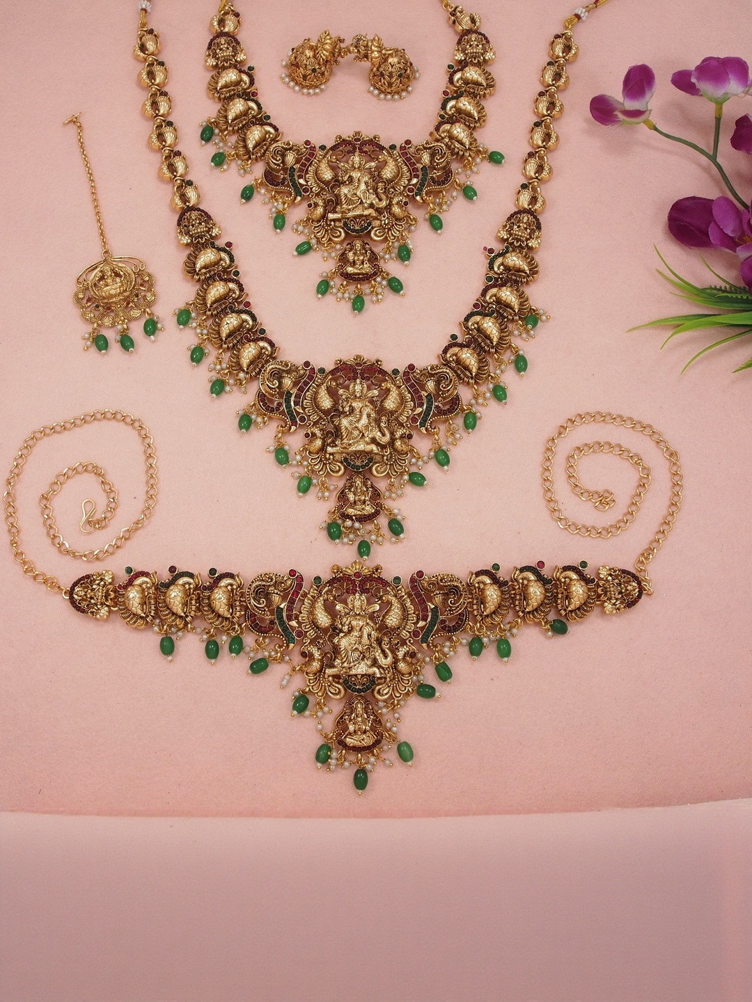 House of Pataudi Women Set of 5 Brass Gold-Plated Laxmi Jewellery Set