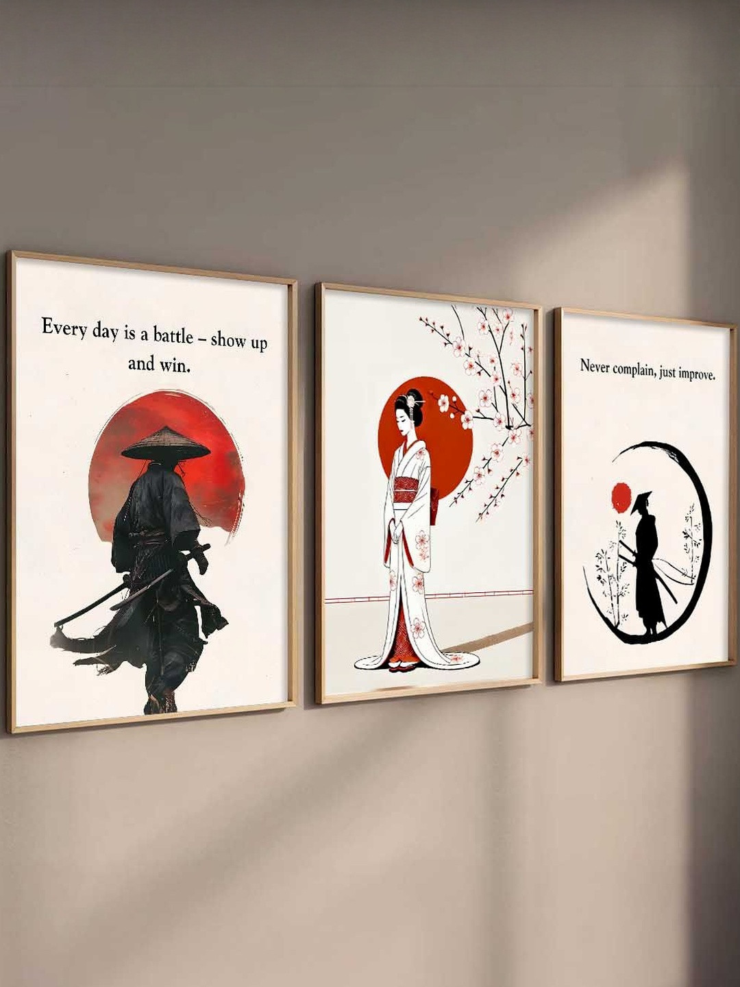 Kotart White & Black 3 Pieces Japanese Framed Poster Wooden Wall Arts