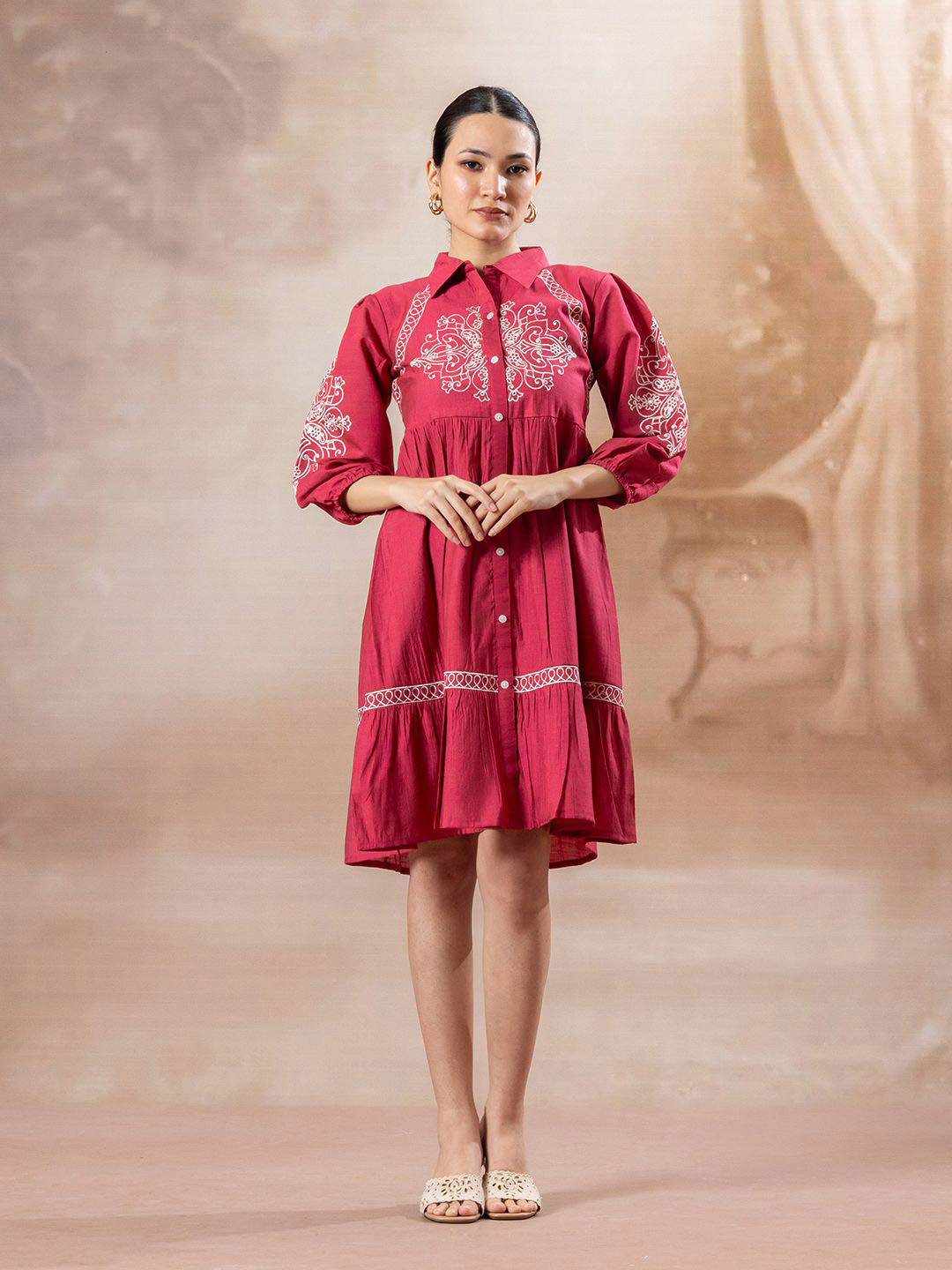 Amarasha Embellished Embroidered Puff Sleeve Fit & Flare Dress