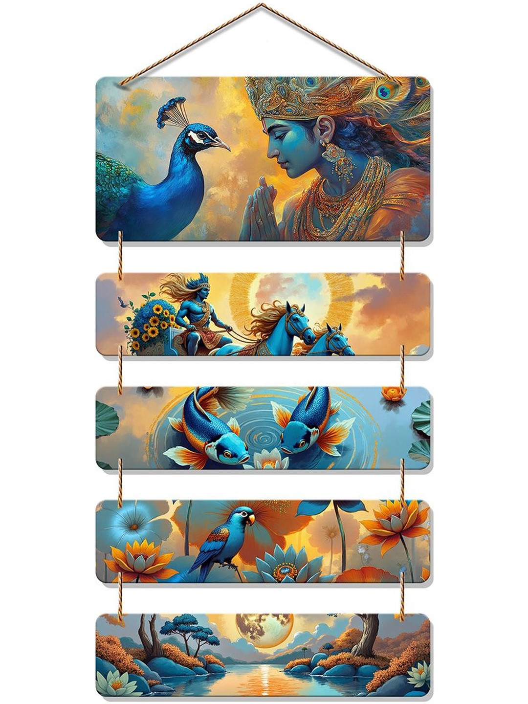 ArtVibes Blue & Yellow Divine Krishna Printed Wooden Wall Hanging