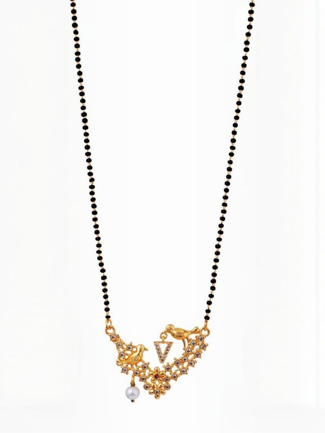 Laksh Enterprise Artificial Stones Studded & Beaded Birds Design V Alphabet Mangalsutra