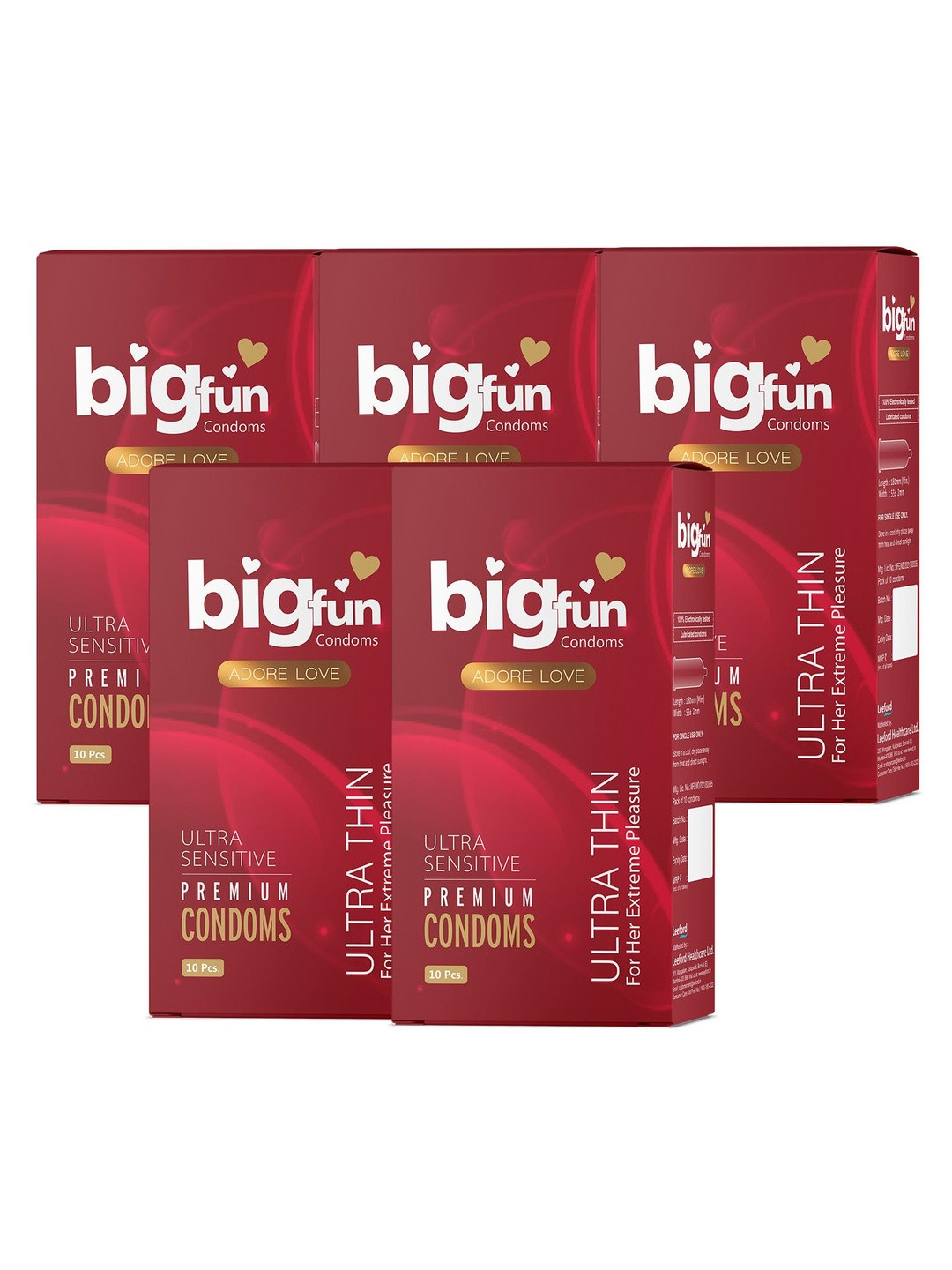 BIGFUN Set Of 5 Ultra Sensitive Premium Ribbed Condoms - 10 Pcs Each