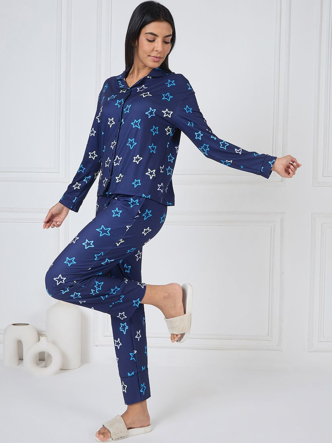 Sweet Dreams Geometric Printed Shirt Collar Long Sleeves Night suit