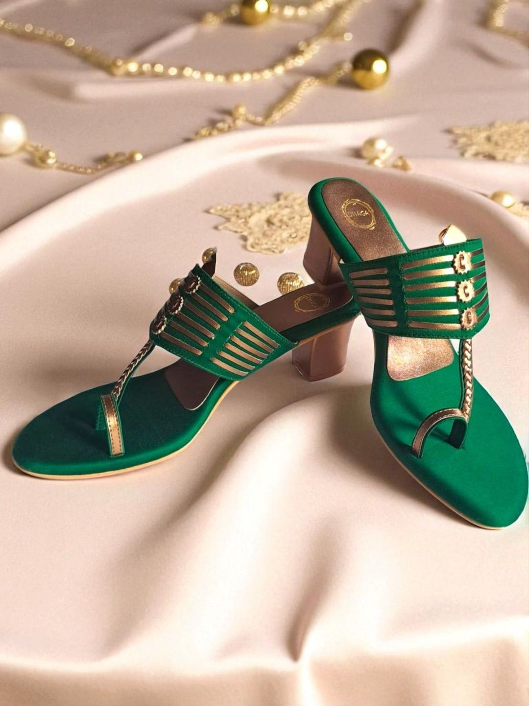 Dhaga Green and Antique Gold Block Heel Kolhapuri
