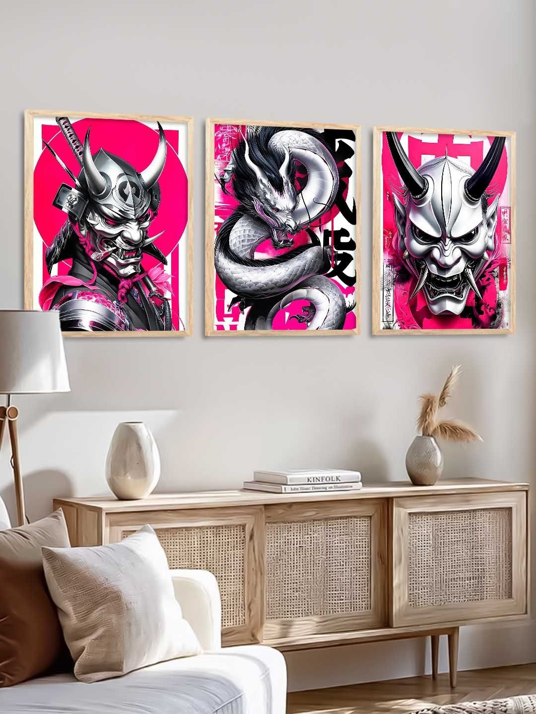 Kotart Pink & Black 3 Pieces Japanese Framed Poster Wooden Wall Arts