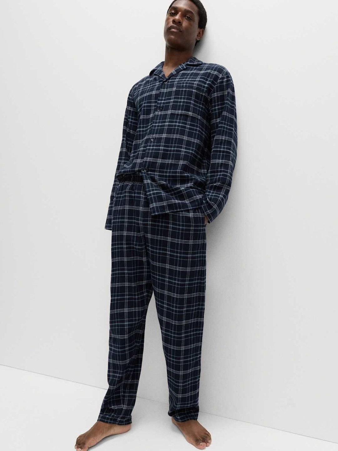 Marks & Spencer Men Checked Lapel Collar Shirt & Pyjamas Night suit
