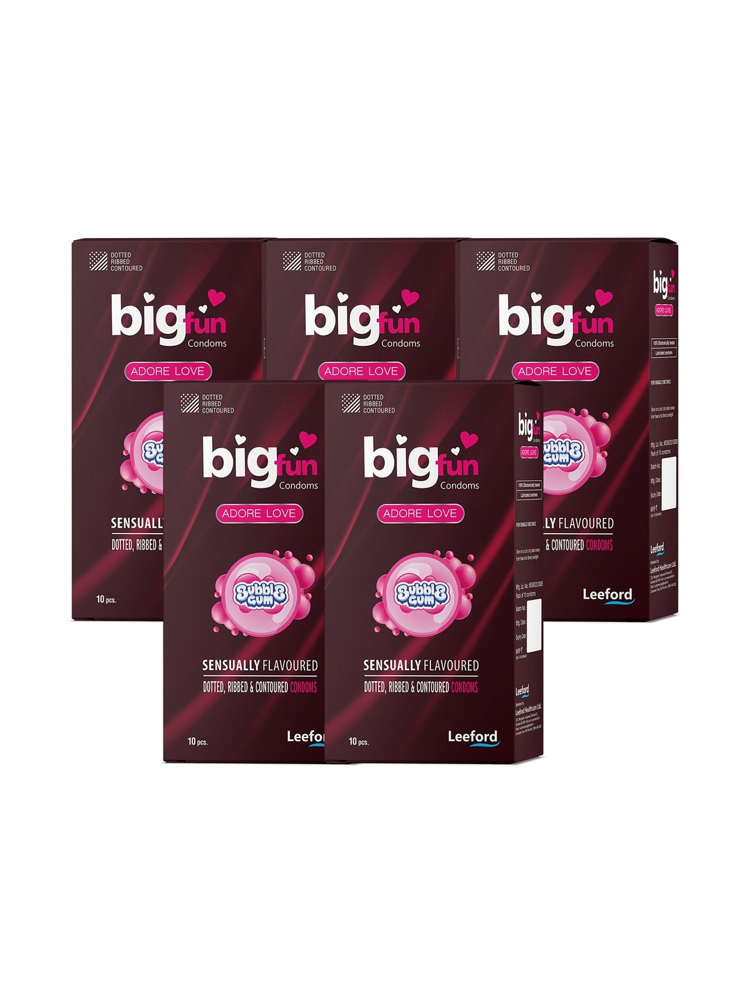 BIGFUN Set Of 5 Dotted, Ribbed & Contoured Condoms - Bubblegum - 10 Pieces Each