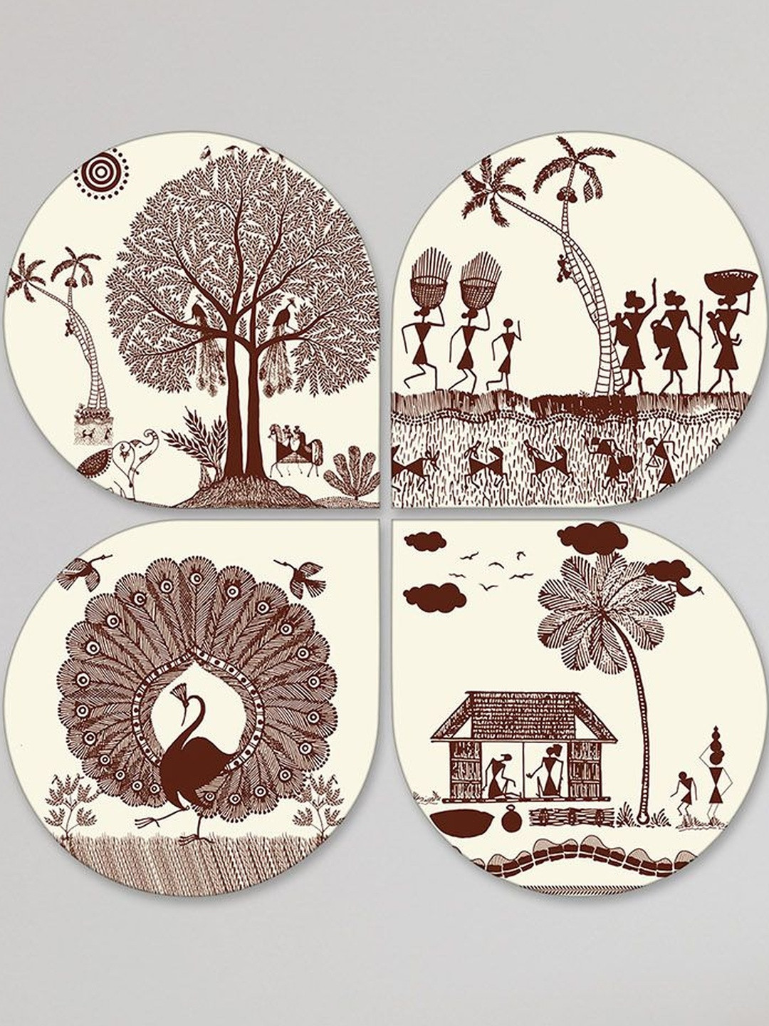 ArtVibes White & Maroon 4 Pieces Warli Wooden Decals and Stickers