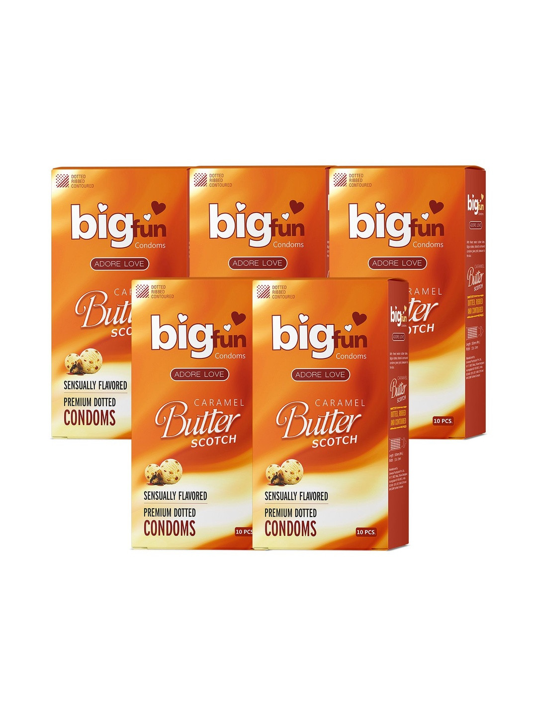 BIGFUN Set Of 5 Dotted, Ribbed & Contoured Condoms - Butterscotch - 10 Pieces Each
