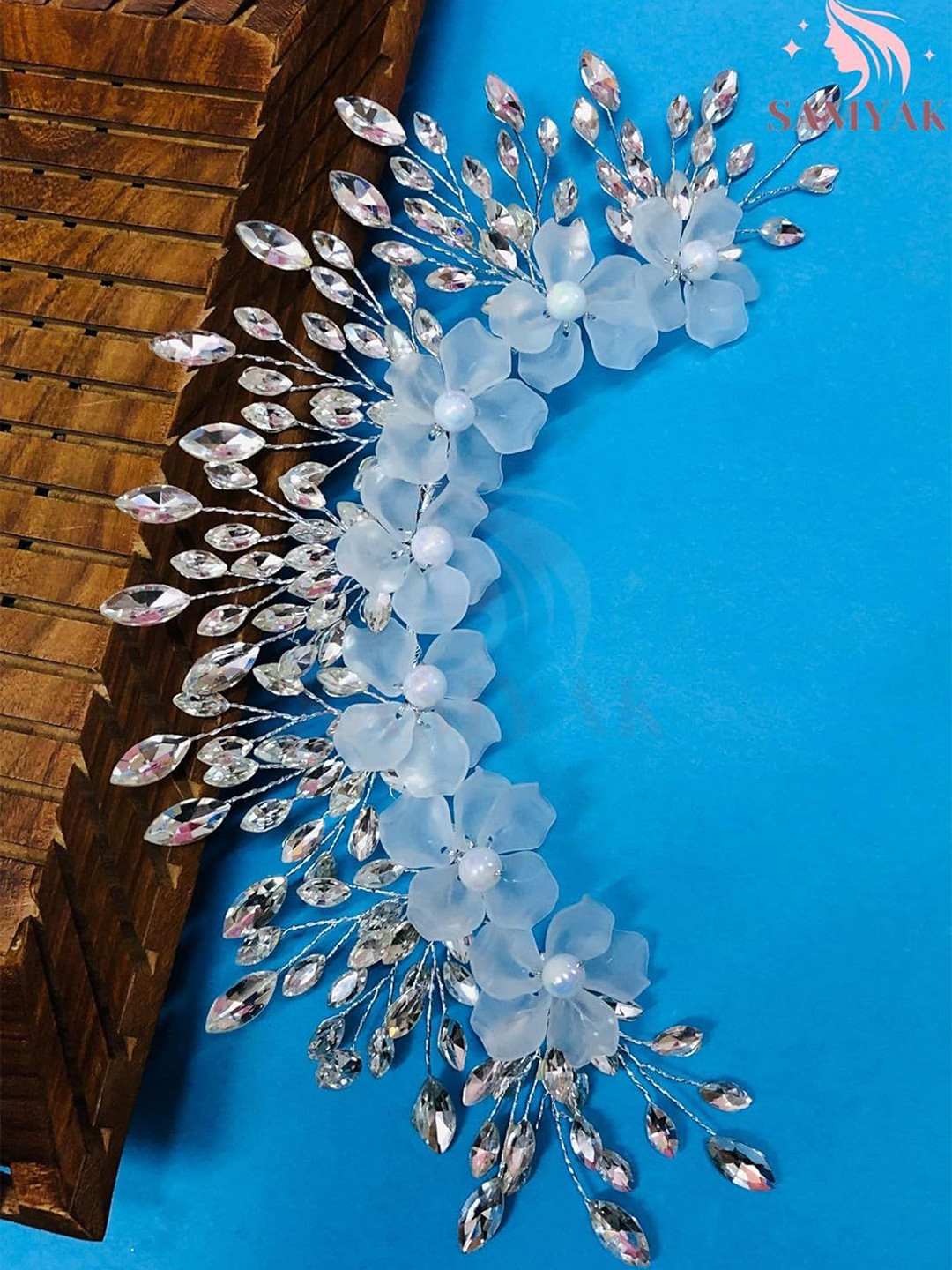 SAMYAK Women Crystal Rhinestone Hair Pins Tiara With Pastel Petals